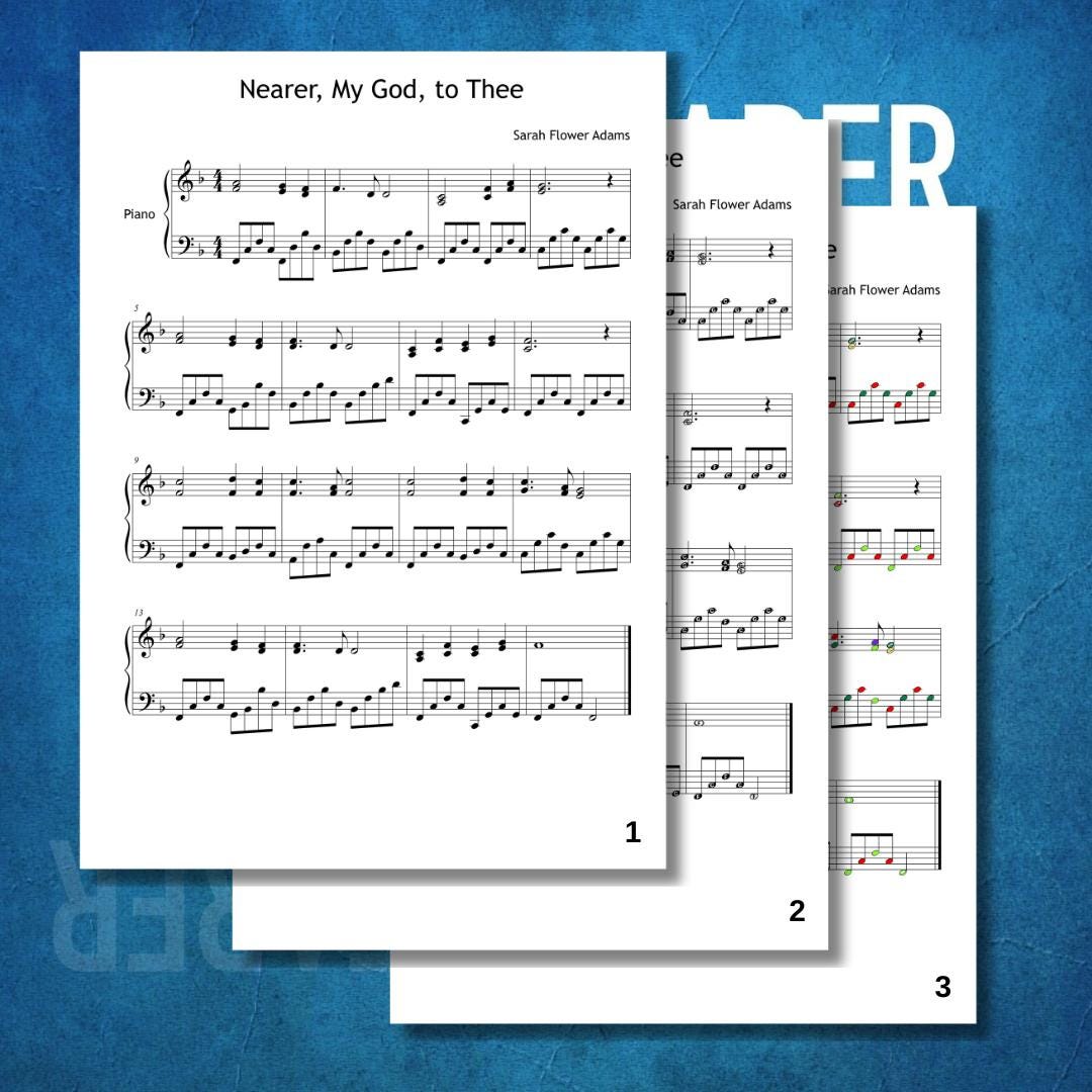 Nearer, My God, to Thee by Lowell Mason downloadable and simplified piano sheet music PDF displayed as a multi-version Grade 3–4 hymn pack including standard notation, finger numbers, color notes, and note-name pages, all prepared from the composer’s manuscript for flexible practice.