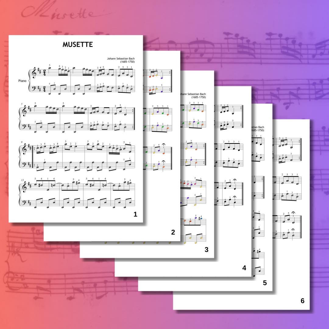 Bach’s Musette - Beginner Piano Sheet Music for Kids & Adults | Grade 2 PDF + Color Notes, Note Names, Tutorial Video, MP3, Manuscript