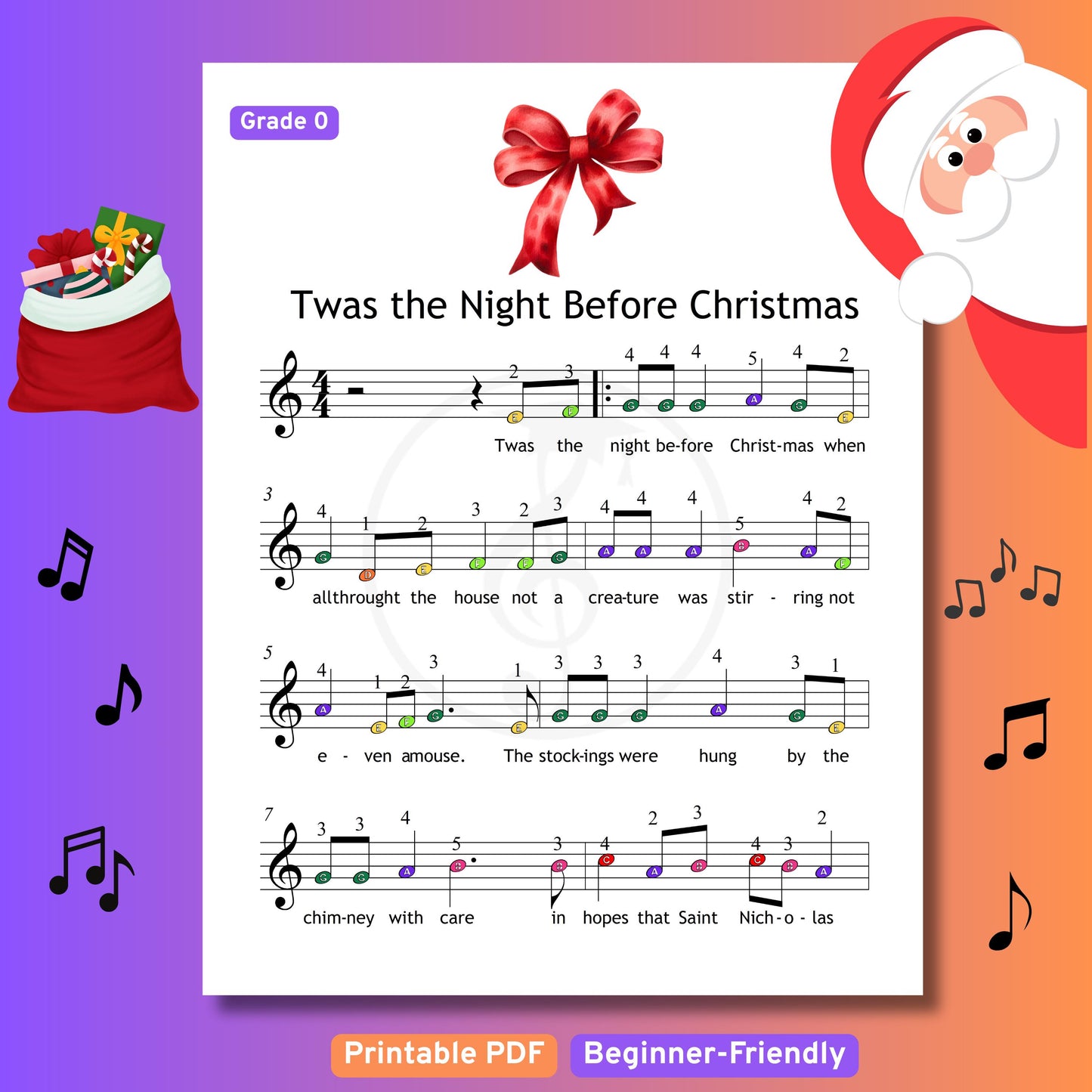 Twas the Night Before Christmas - Grade 0 Simplified Very Easy Piano Sheet | Color Notes Christmas Music