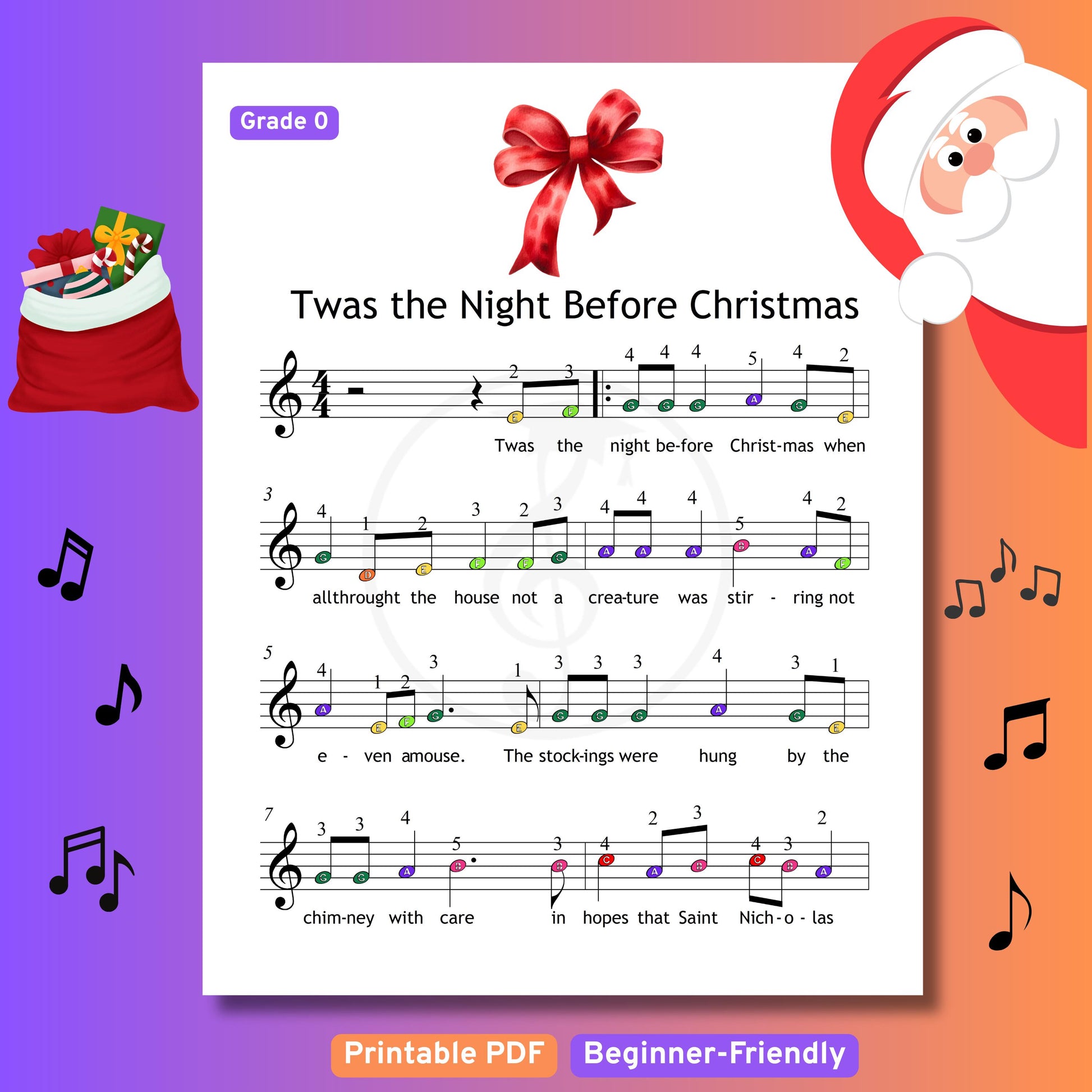 Twas the Night Before Christmas - Grade 0 Simplified Very Easy Piano Sheet | Color Notes Christmas Music