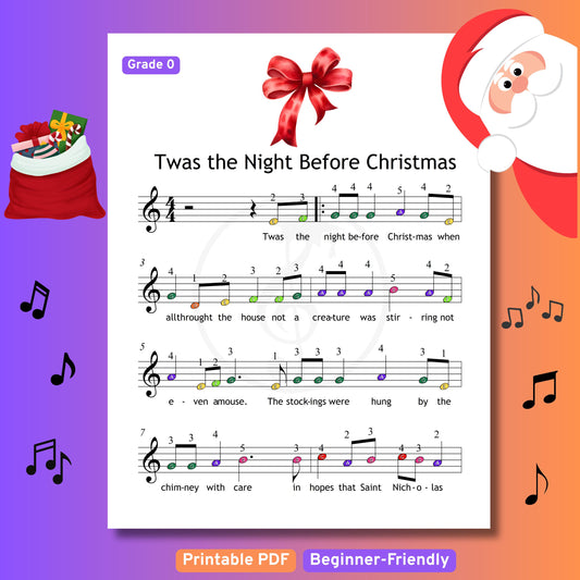 Twas the Night Before Christmas - Grade 0 Simplified Very Easy Piano Sheet | Color Notes Christmas Music