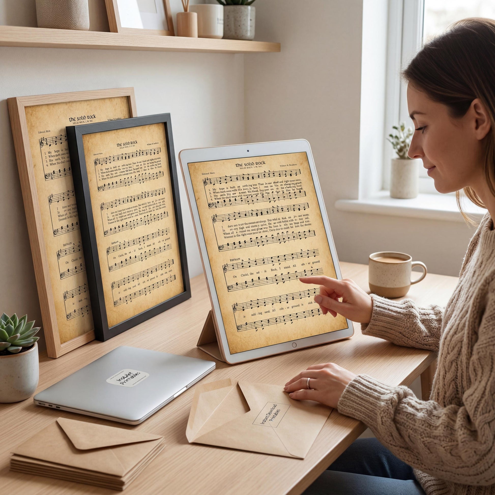 A woman is sitting at a desk, working on a tablet displaying sheet music. She is wearing a sweater and appears to be focused on the music displayed on the tablet. The desk also has a laptop, a coffee cup, and some envelopes.