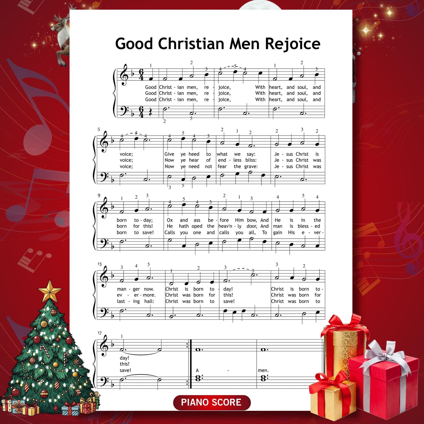 Good Christian Men, Rejoice by Traditional beginner piano sheet music PDF provides clean spacing, predictable melodic shapes and full lyrics, making it suitable for early pianists preparing holiday performances.