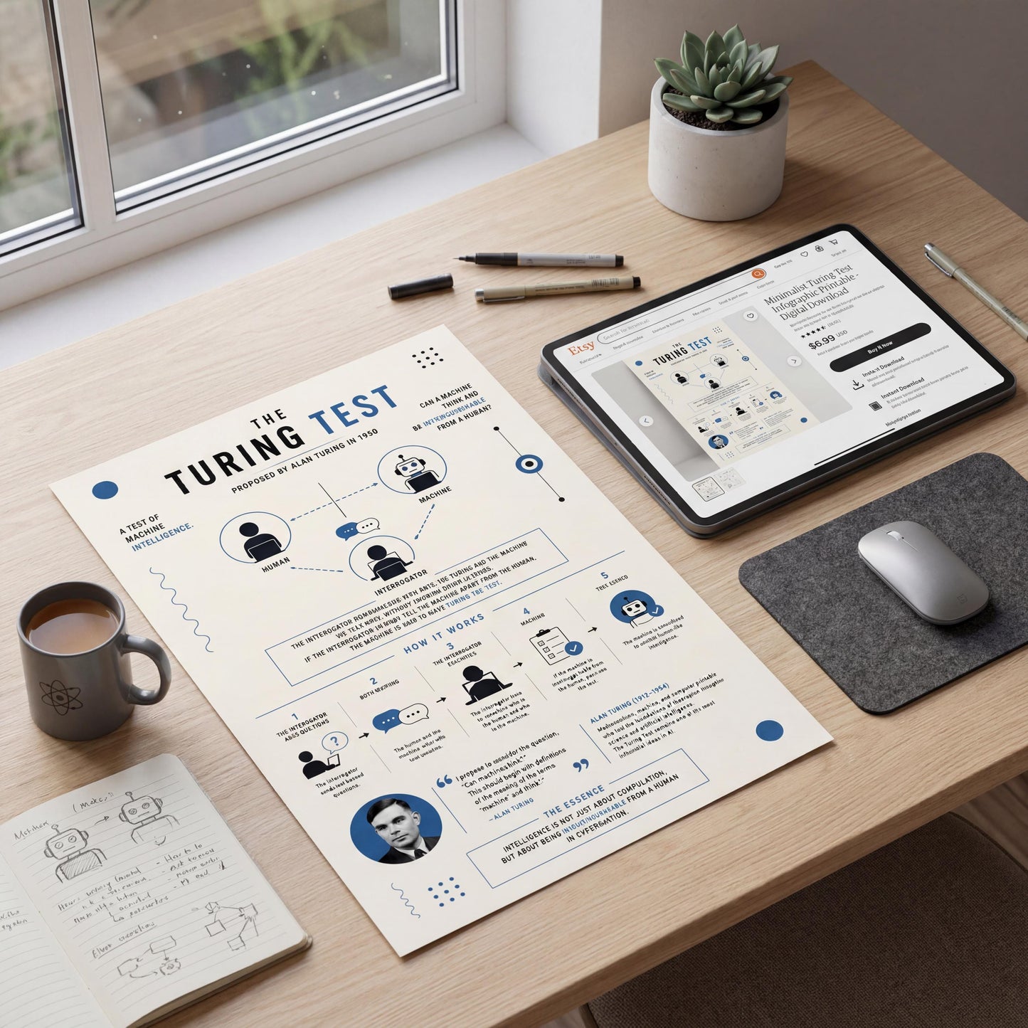 a desk with various items, including a laptop, a tablet, a mouse, a coffee cup, and a plant. There is also a printed document or poster on the desk, which appears to be a presentation or informational material.