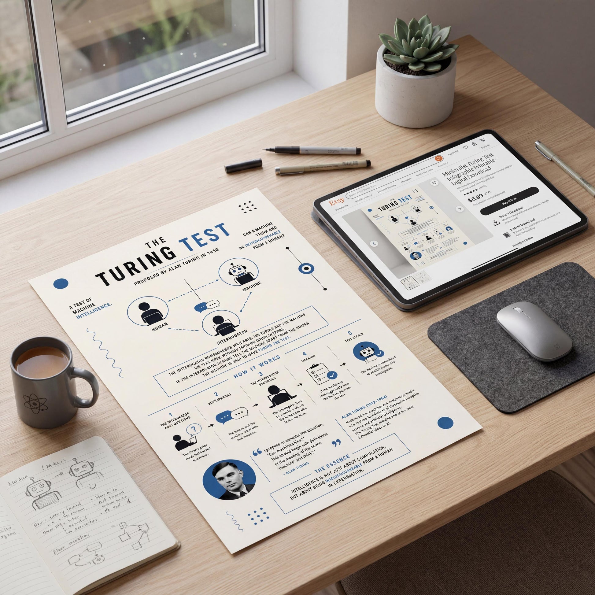a desk with various items, including a laptop, a tablet, a mouse, a coffee cup, and a plant. There is also a printed document or poster on the desk, which appears to be a presentation or informational material.