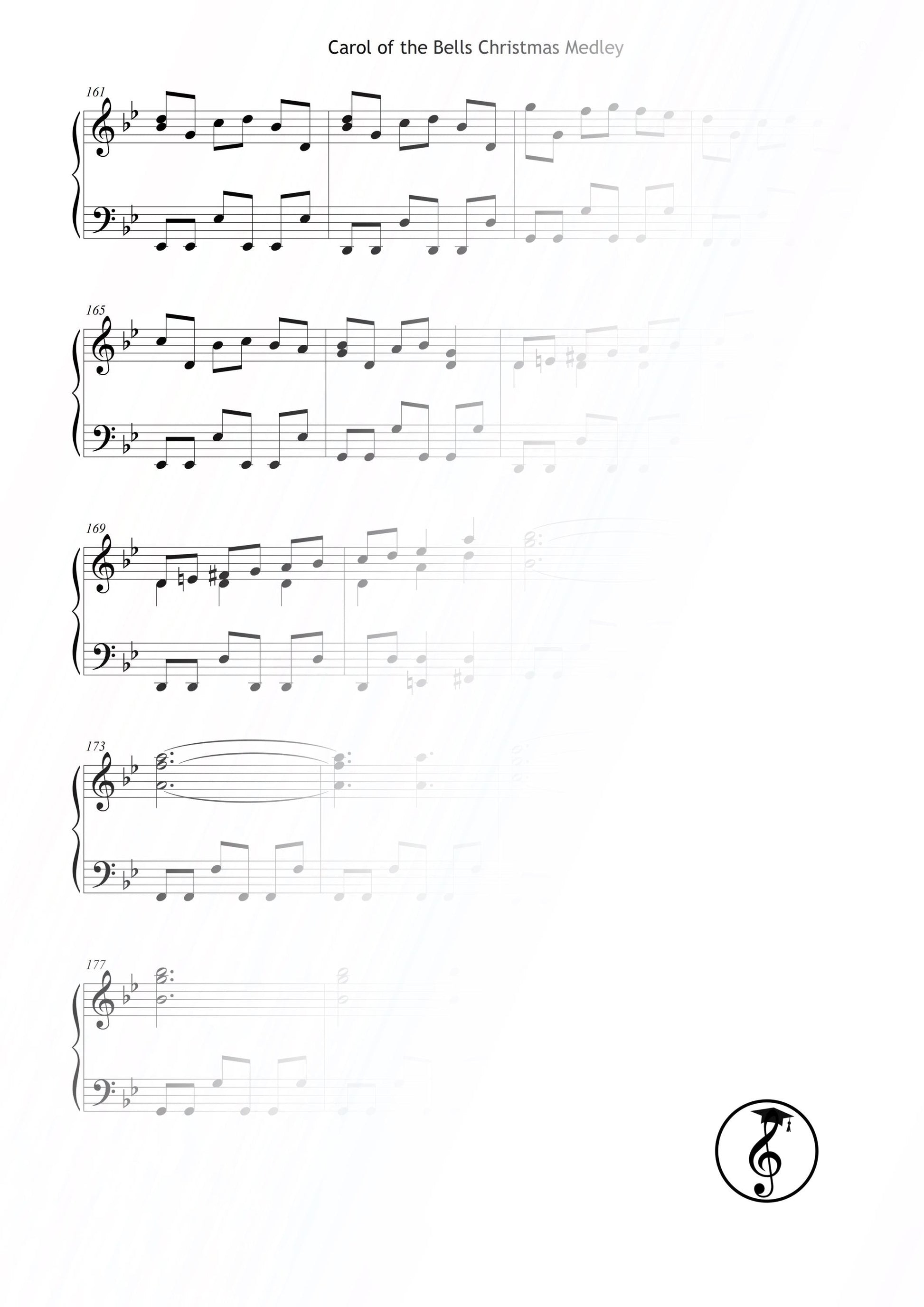 Carol of the Bells piano solo – Grade 4 arrangement of the traditional Christmas favorite. Expressive, rhythmic, and perfectly balanced for intermediate pianists. Printable PDF piano sheet, suitable for recitals, teaching, and festive celebrations, instant digital download.