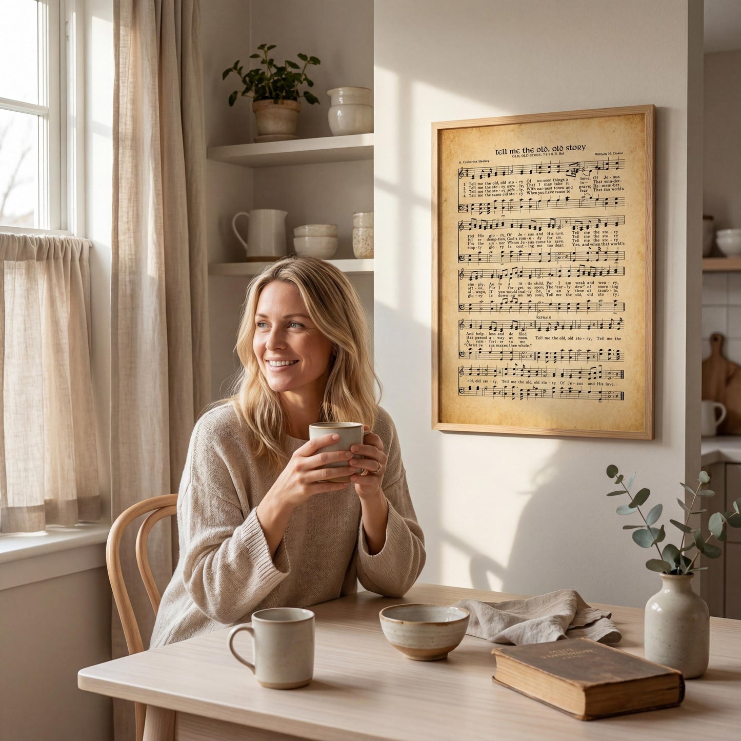 A woman sits at a table in a cozy kitchen, holding a mug and smiling. A framed sheet music poster with lyrics hangs on the wall behind her, and a vase of greenery and a book are also present on the table.