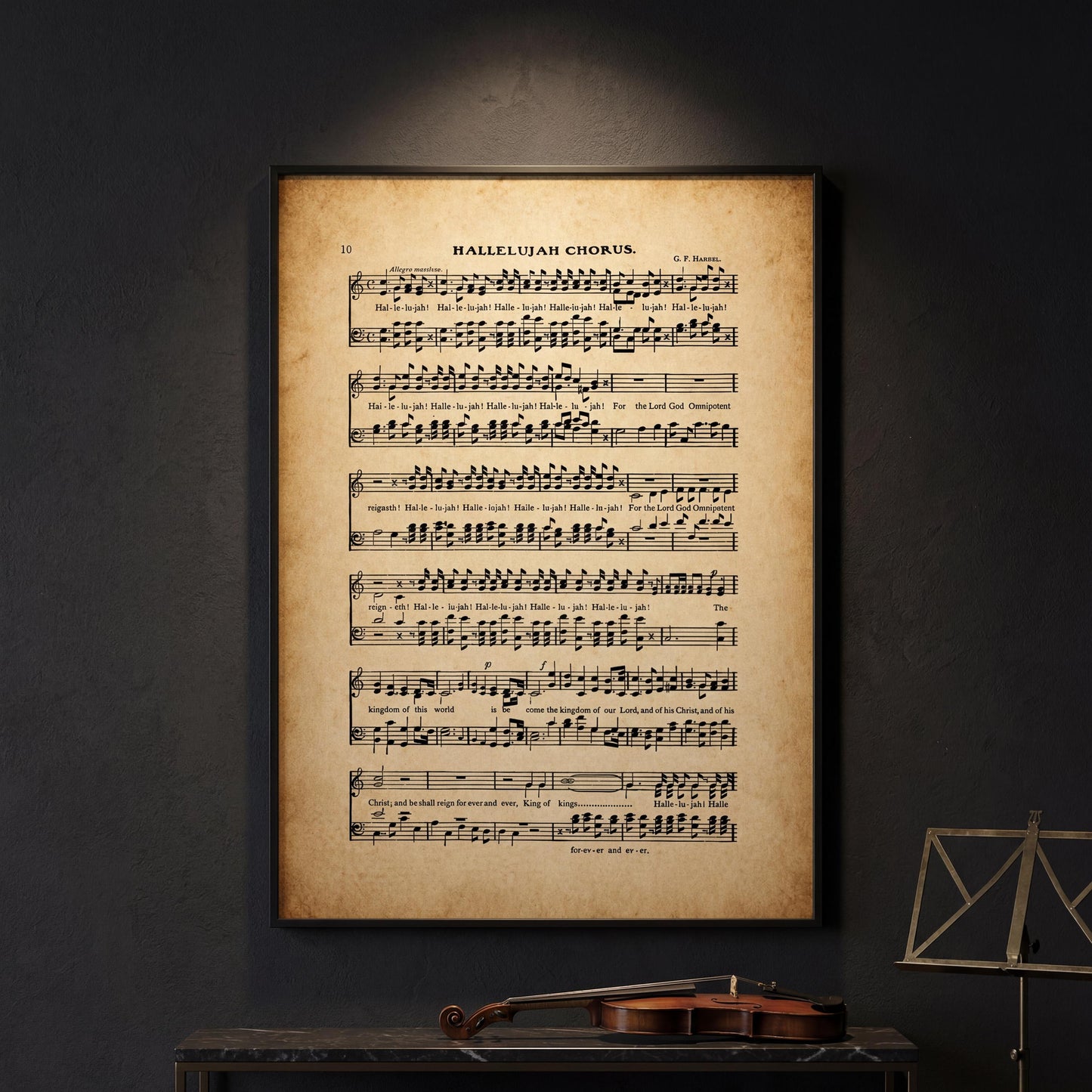 a framed sheet of music with the title "Hallelujah Chorus" and the artist's name "G. F. Hahnel". The sheet music appears to be an old, vintage style, and there is a violin resting on a table in the foreground.