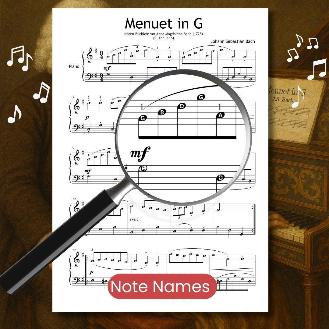 Menuet in G Major by Johann Sebastian Bach – downloadable and simplified piano sheet music PDF with note names added to assist beginning students. Ideal for music educators focusing on reading fluency and pitch recognition in early music literacy programs.