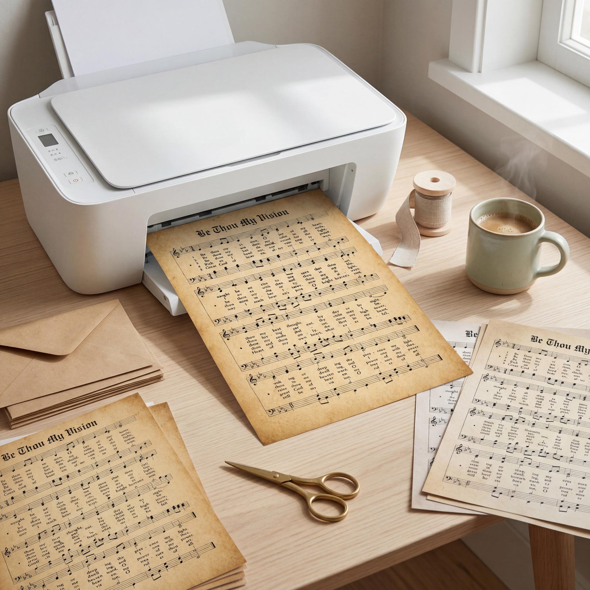 a printer, a cup of coffee, and several sheets of music printed on paper, all arranged on a wooden desk.