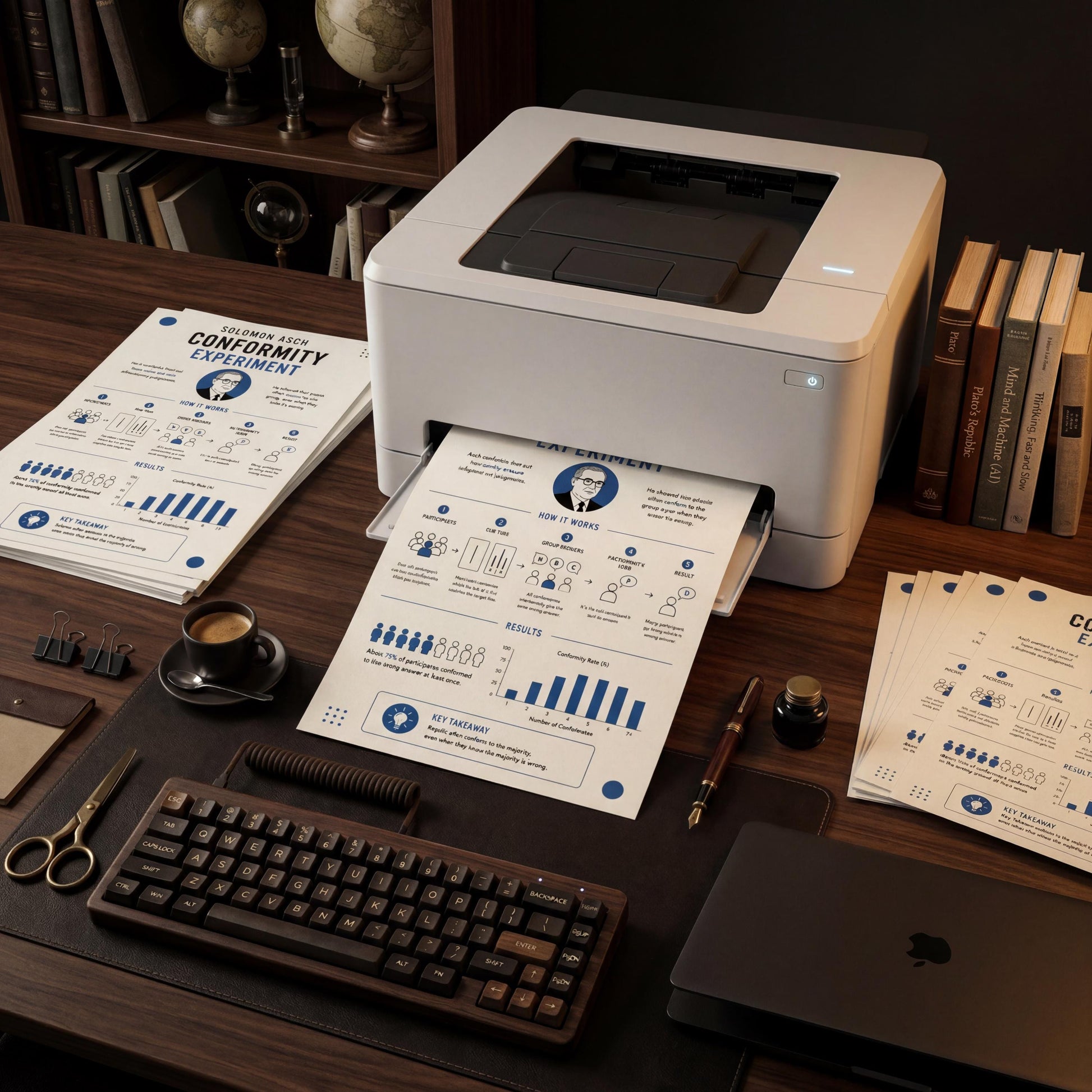 a well-organized workspace with a printer, a laptop, a keyboard, and various office supplies such as books and a cup of coffee.