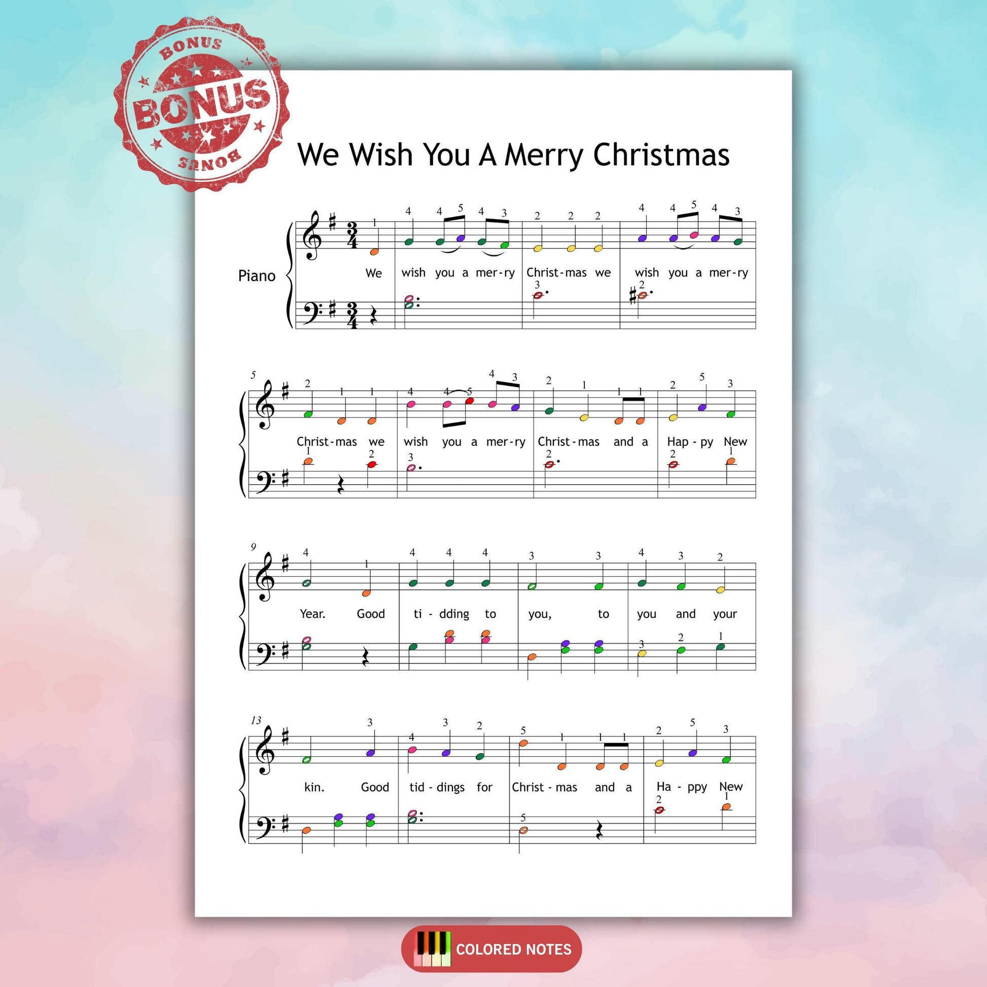 Flat lay of We Wish You a Merry Christmas easy piano sheet with ornaments and lights, Grade 1 printable version with color and note names for Christmas lessons.