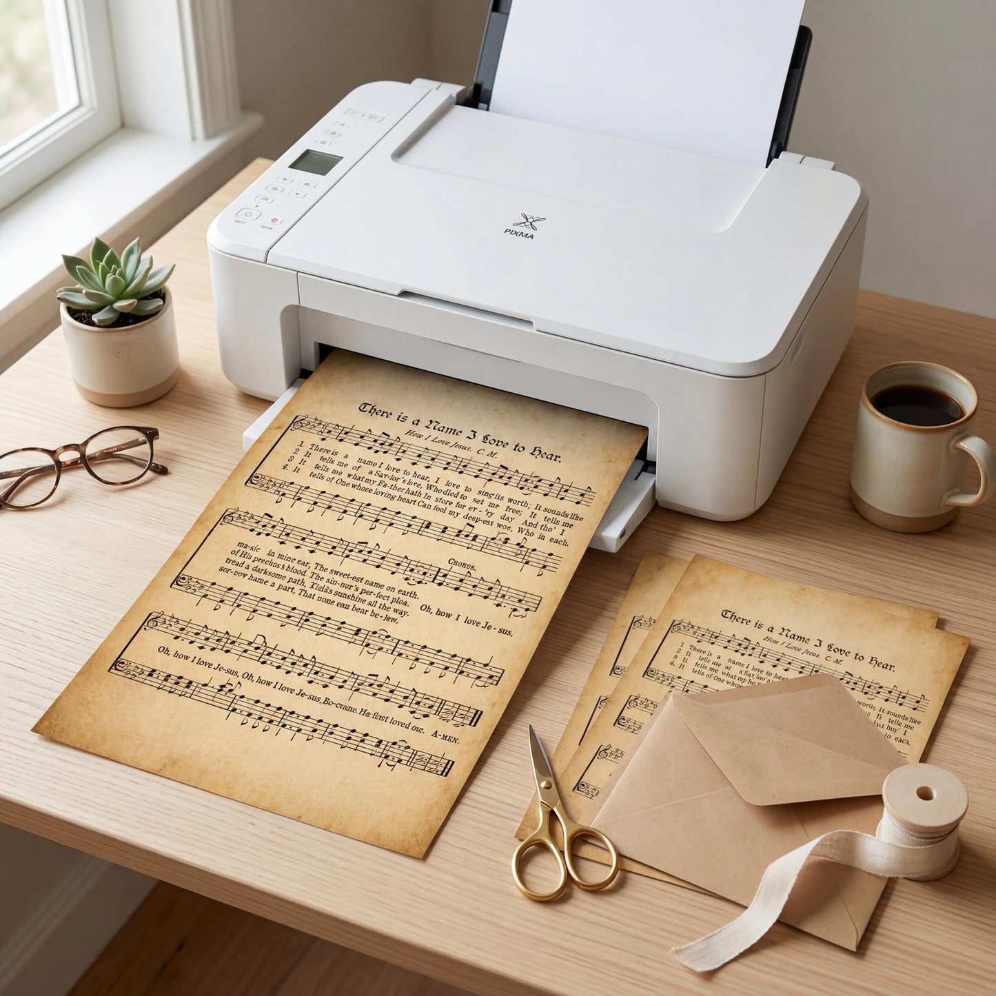 a printer on a desk with a sheet of music being printed onto a sheet of paper, along with a pair of scissors, a cup of coffee, and a pair of glasses.