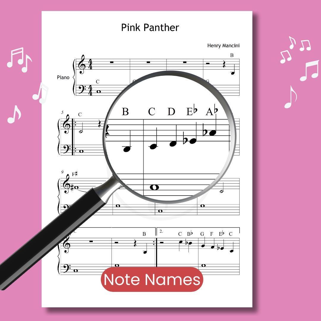 Pink Panther Theme - Grade 1 Download Piano Sheet PDF with Finger Numbers, Note Names, MP3 & Video | Educational Edition
Pink Panther Theme by Henry Mancini downloadable and simplified piano sheet music PDF displayed as a teacher-friendly Grade 1 resource including finger numbers, color-coded notes, and note-name pages, crafted with manuscript accuracy for classroom or studio instruction.