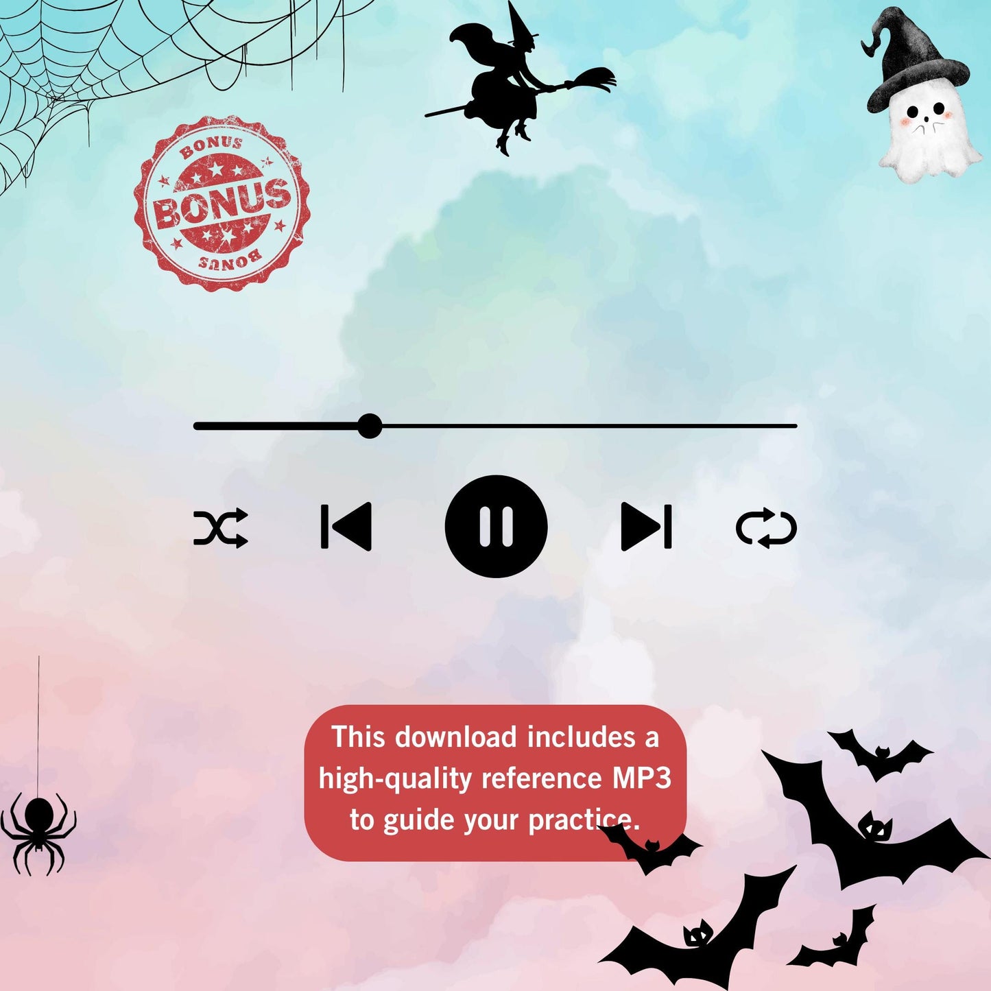 Halloween Piano Medley featuring 11 iconic spooky themes, Grade 4–5 piano sheet music PDF, includes note-named and color-coded versions, MP3 audio recordings, and MP4 video tutorials for lessons and recitals.