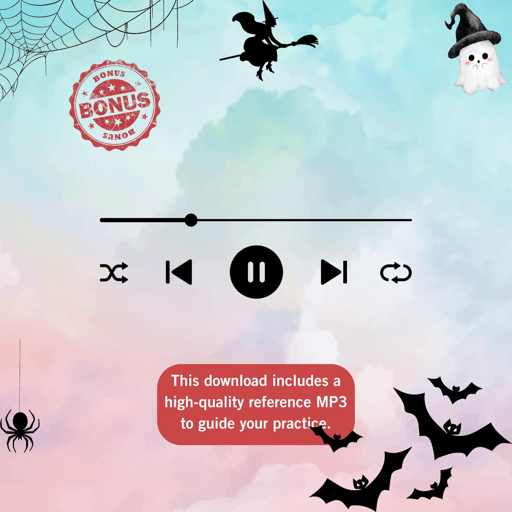 Halloween Piano Medley featuring 11 iconic spooky themes, Grade 4–5 piano sheet music PDF, includes note-named and color-coded versions, MP3 audio recordings, and MP4 video tutorials for lessons and recitals.