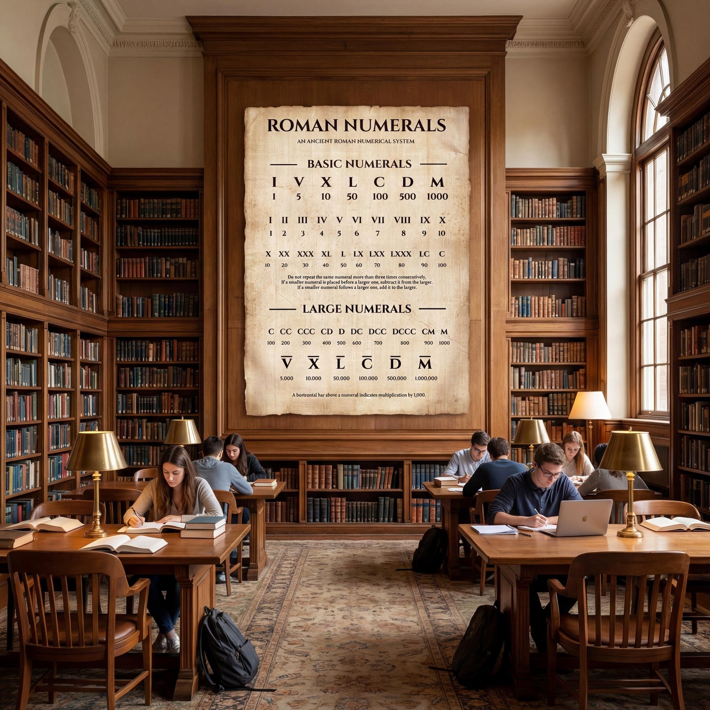 Roman numbers educational chart printable showing structured Roman numeral values and conversion rules, created as a timeless math poster inspired by ancient Roman scrolls.