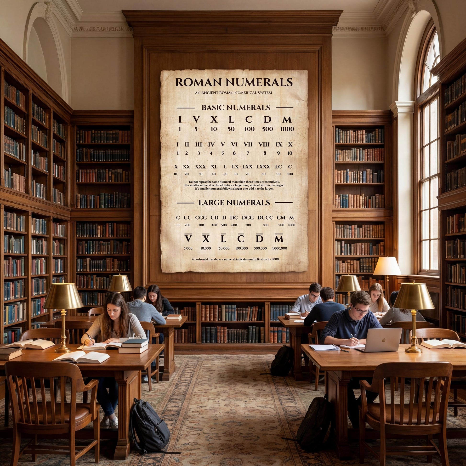 Roman numbers educational chart printable showing structured Roman numeral values and conversion rules, created as a timeless math poster inspired by ancient Roman scrolls.