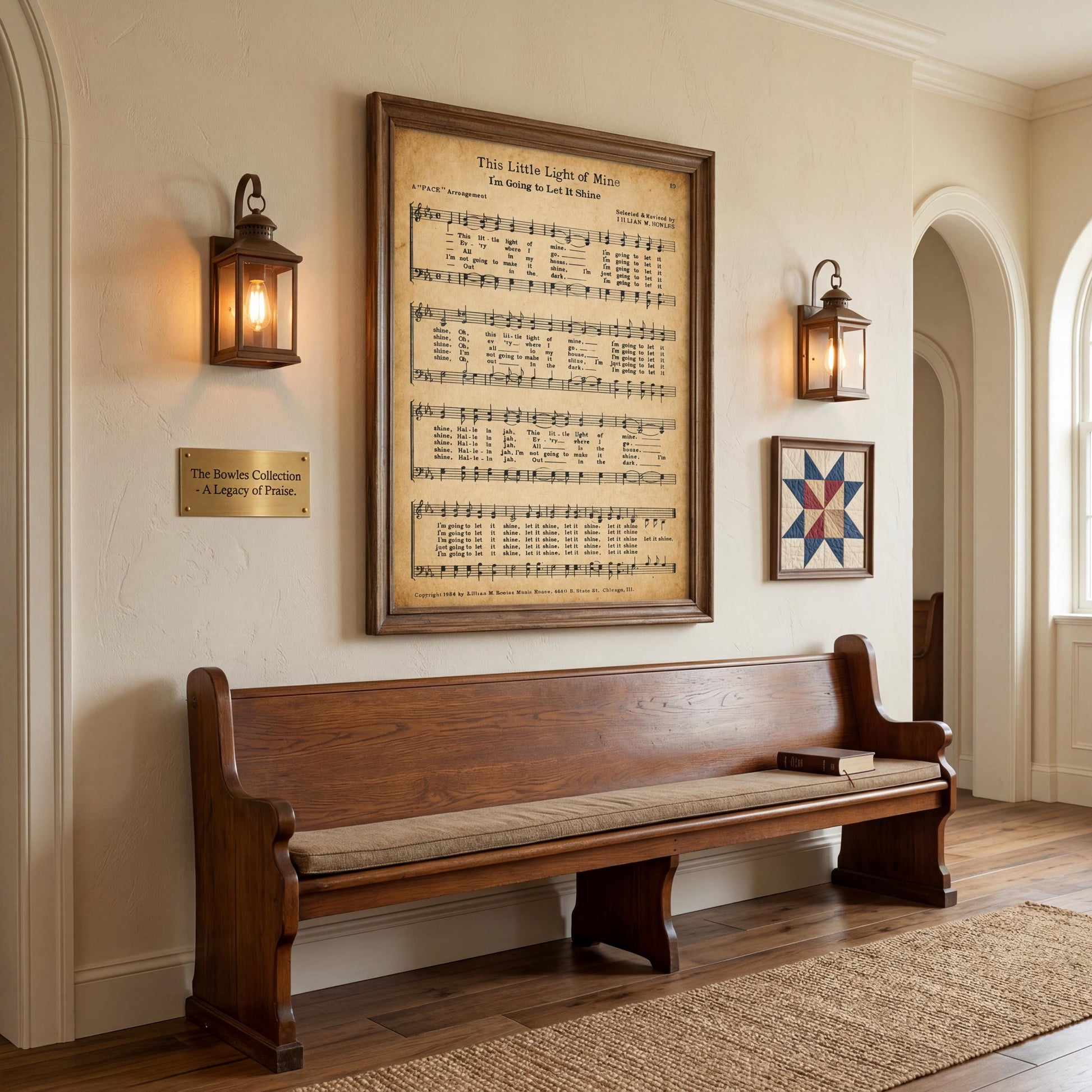 a wooden bench with a quilt and a framed sheet music poster on the wall above it, creating a cozy and inviting atmosphere.