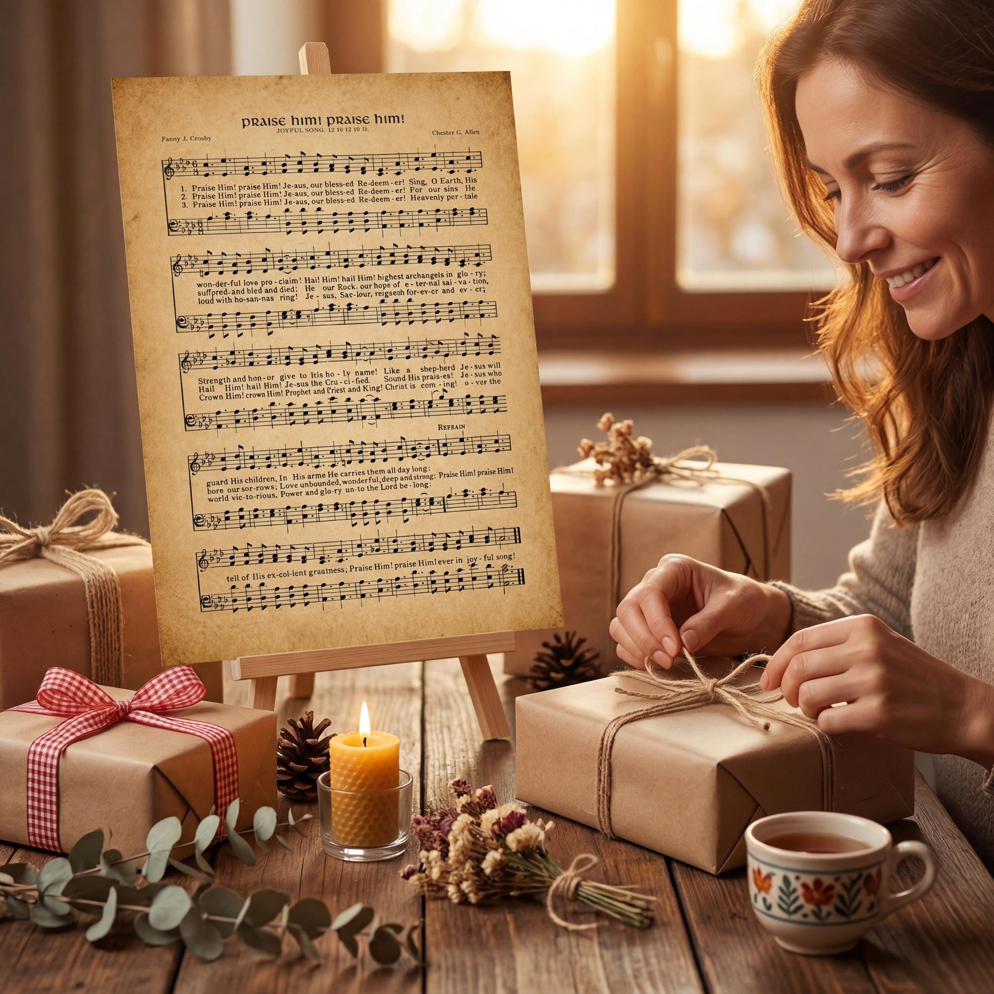 A woman is wrapping a gift with twine and ribbons, surrounded by a lit candle, a cup of tea, and a sheet of music on a wooden table.