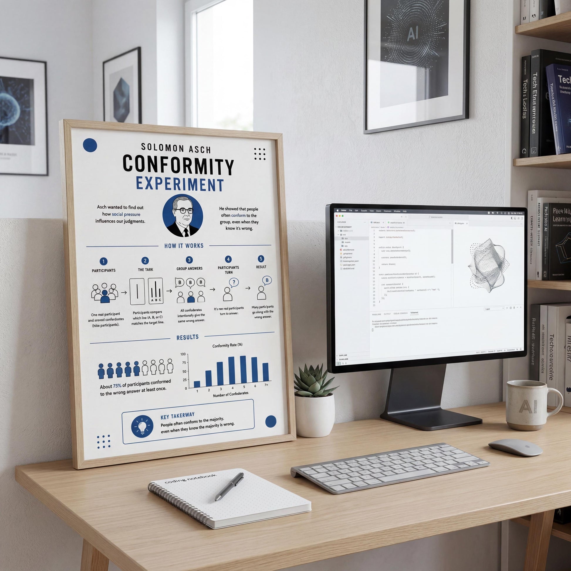 a desk with a computer monitor, keyboard, and a poster or presentation about the Solomon Asch conformity experiment.