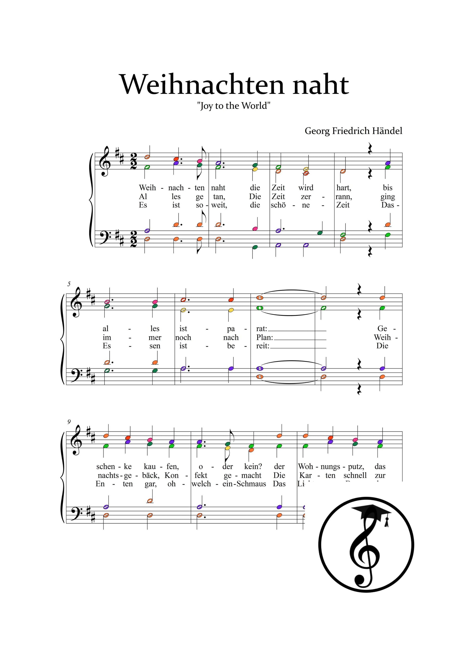 Weihnachten naht (Joy to the World) by Georg Friedrich Händel downloadable piano and vocal sheet music PDF presented as a Christmas edition with German-language lyrics and piano reduction, suitable for church services and educational settings.