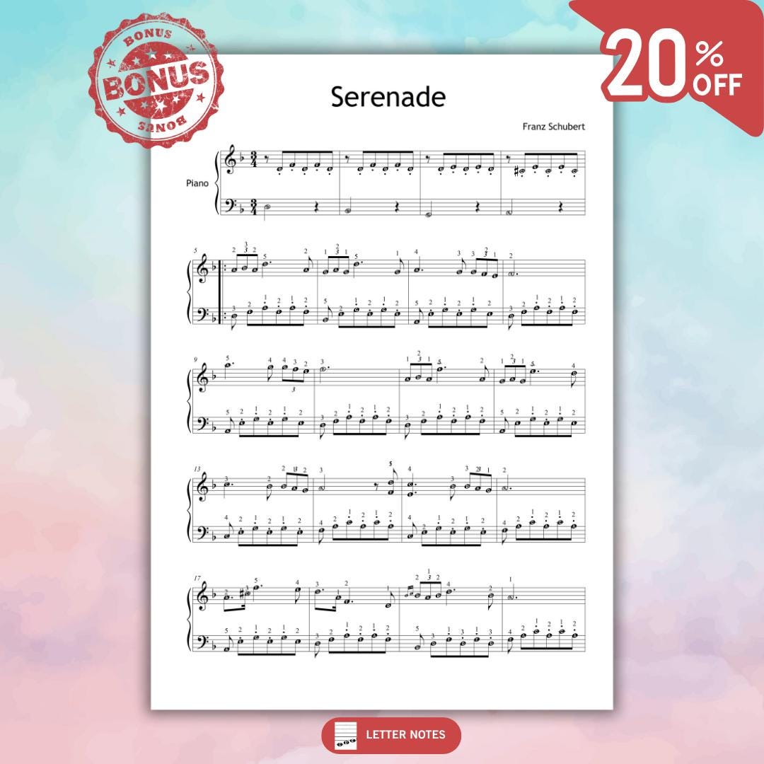 Serenade (Ständchen) by Franz Schubert downloadable and simplified piano sheet music PDF shown as a pedagogical Grade 3 version including finger numbers, letter names, and color-coded notes, carefully edited from manuscript sources for structured classical-style lessons.