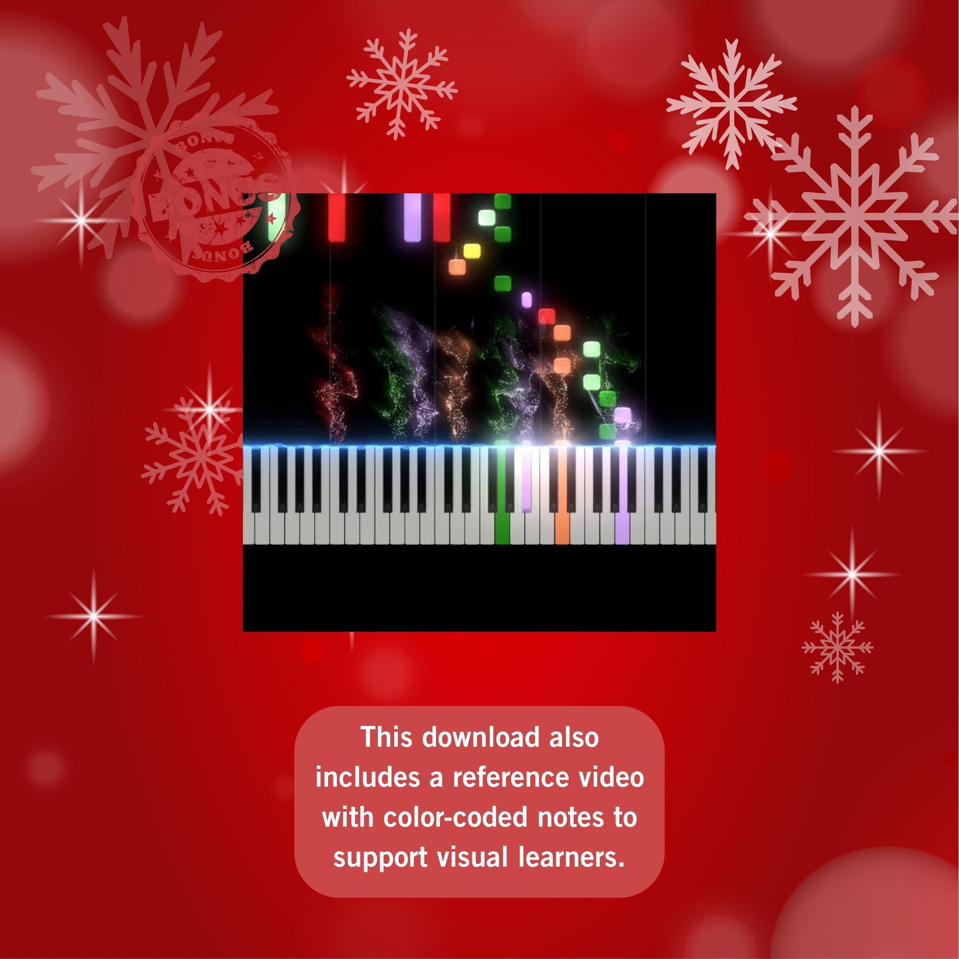 Carol of the Bells by Mykola Leontovych downloadable and simplified piano sheet music PDF presented as a printable high-resolution Grade 0 beginner score offering finger numbers, color-coded notes, and note-name versions, engraved from manuscript references for tablet or print use.