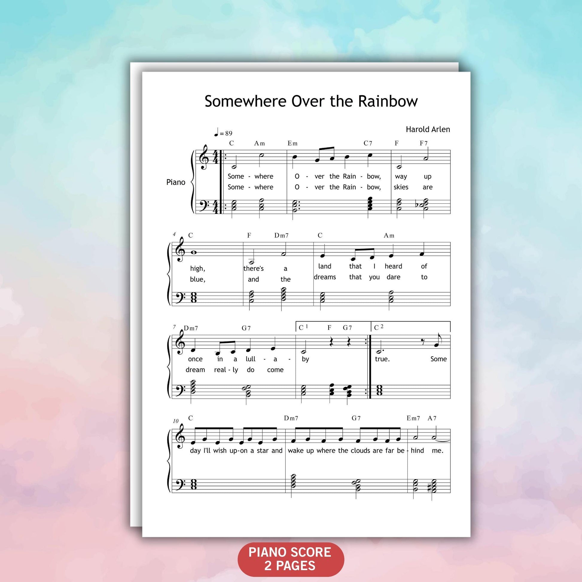 Grade 3 piano sheet music for Somewhere Over the Rainbow with lyrics included. Simplified arrangement in PDF format, ideal for early intermediate players. Perfect for music students, recital programs, and Wizard of Oz enthusiasts. Instant download for print or tablet.