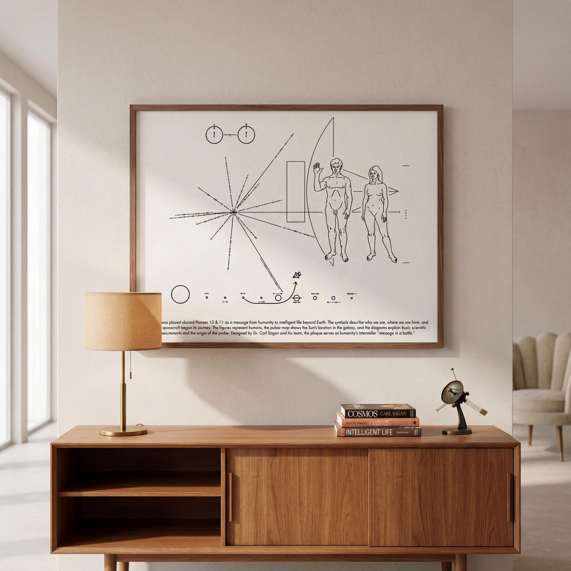 a wooden cabinet with a lamp and a framed poster of a black and white line drawing of two figures, one of which appears to be a man and the other a woman. The poster is hung on a wall above the cabinet.