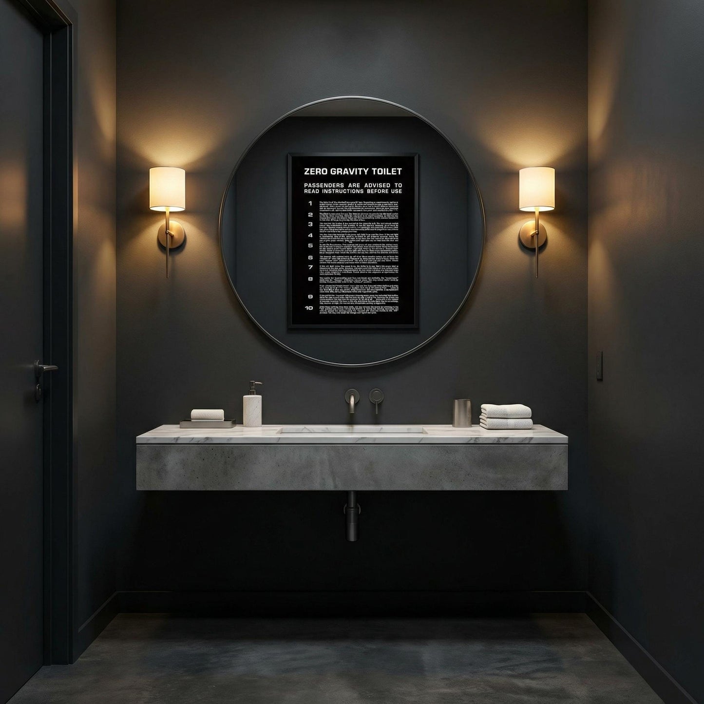 Zero Gravity Toilet replica sign printable digital artwork delivering the distinctive minimal industrial look of the original 2001 film prop for sci-fi fans and design collectors.