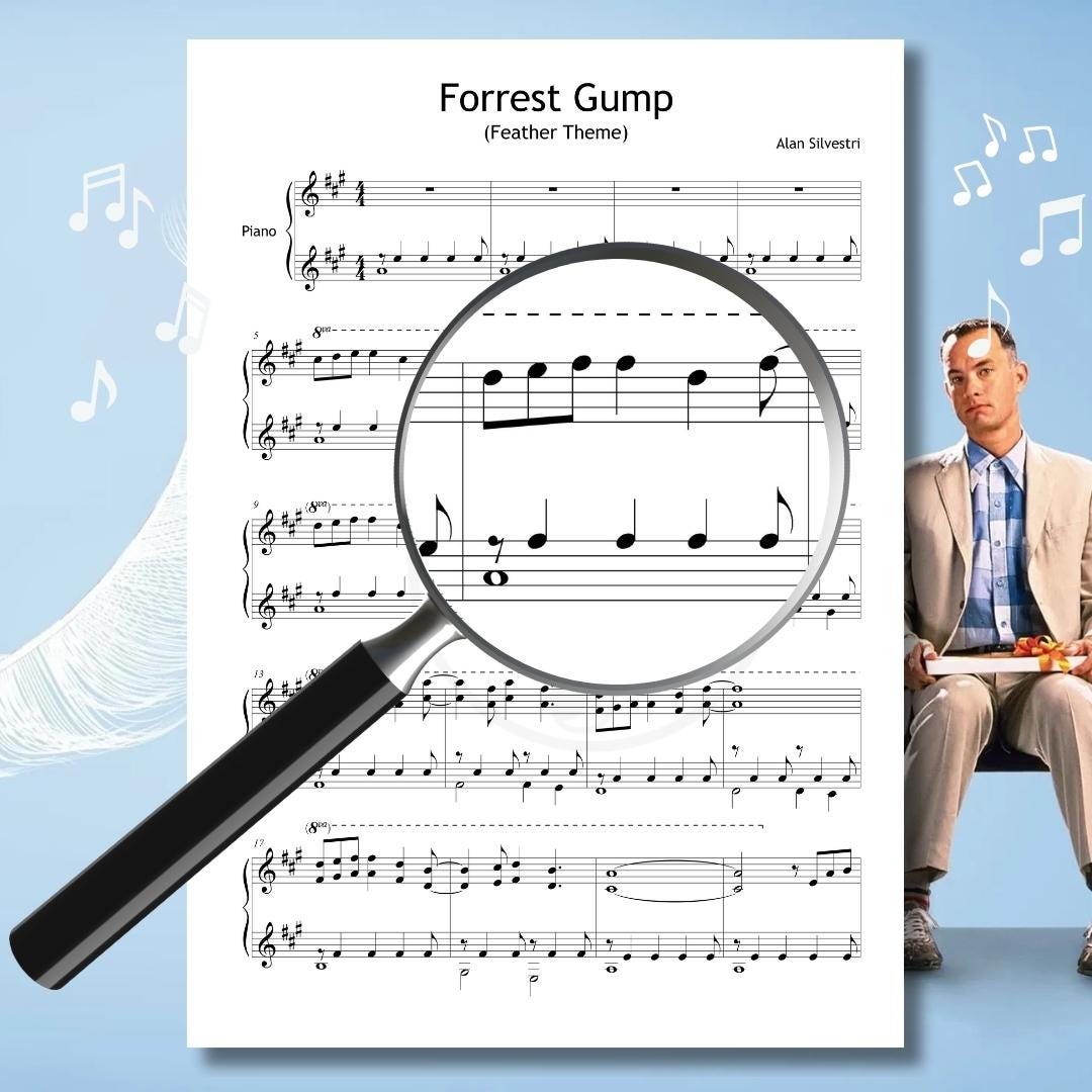 Forrest Gump Theme by Alan Silvestri downloadable and simplified piano sheet music PDF displayed with finger numbers, note names, and color-coded notes in a clean Grade 4 engraving derived from manuscript references, ideal for shaping phrasing and cinematic expression.