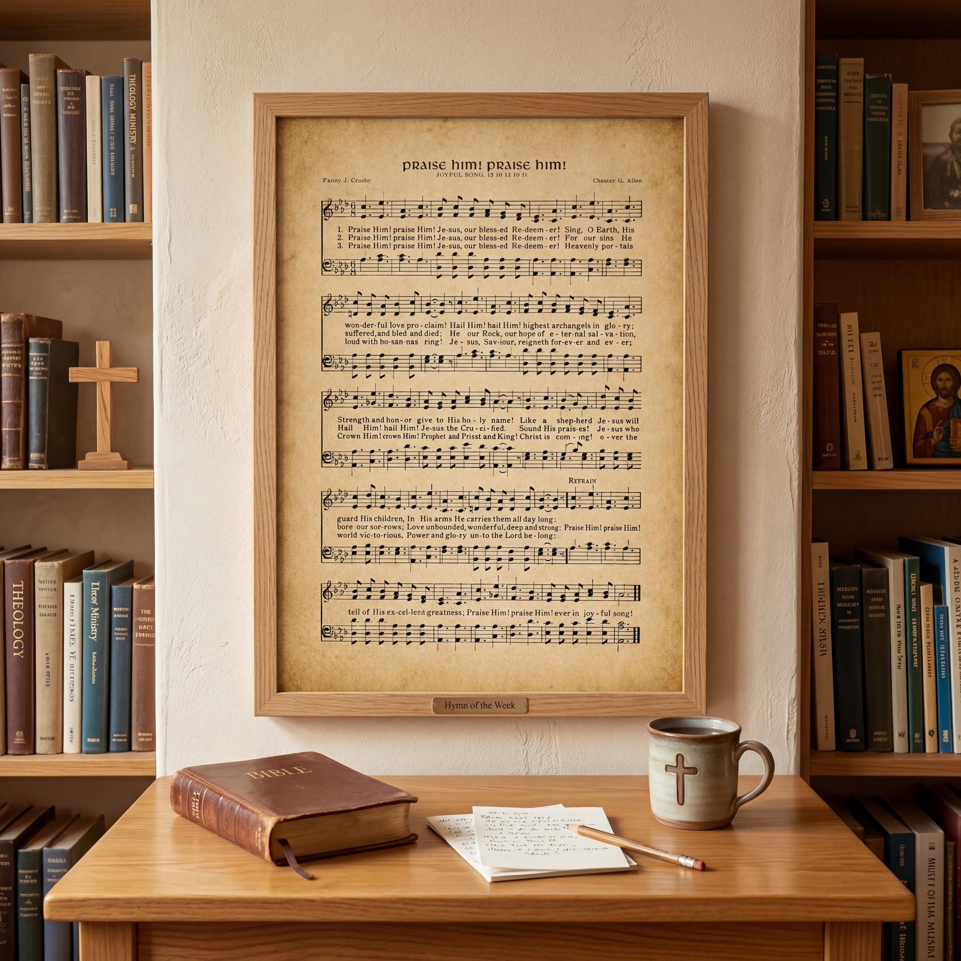 a wooden desk with a framed sheet music print of a hymn, a Bible, a coffee mug, and a pencil on it. The desk is situated in front of a bookshelf filled with books.