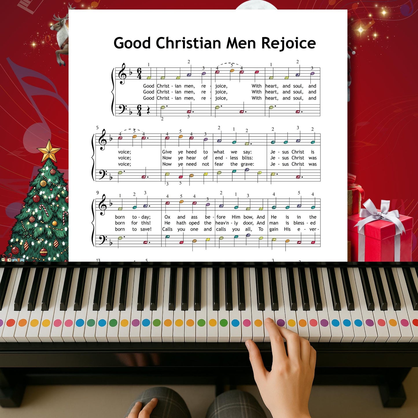 Good Christian Men, Rejoice by Traditional beginner piano sheet music PDF features simplified notation with lyrics under the melody, helping beginners maintain steady rhythm while enjoying a lively seasonal tune.