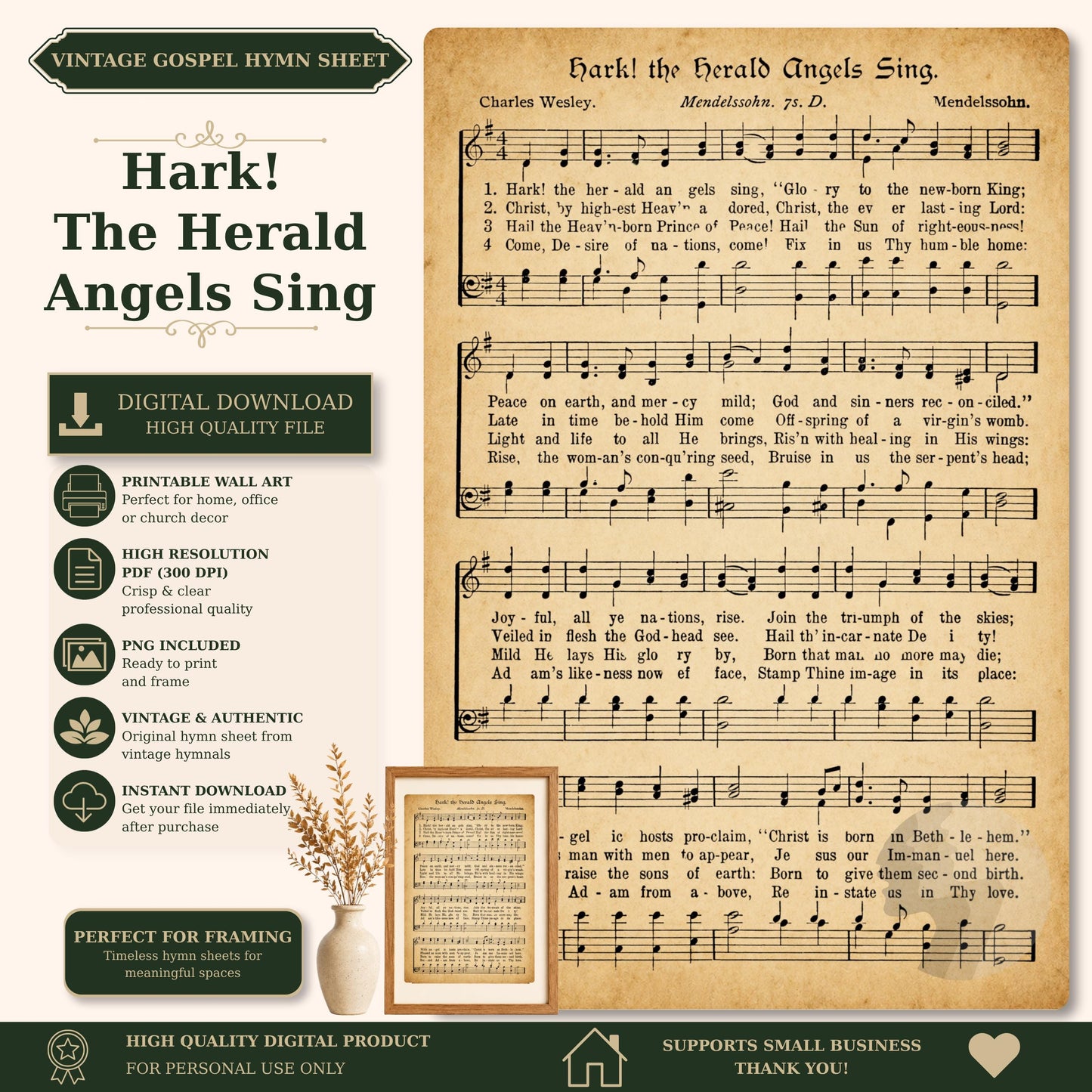 The image is a vintage sheet music for the song "The Herald Angels Sing" by Charles Wesley, with a printed sheet music image and a printed wall art version.