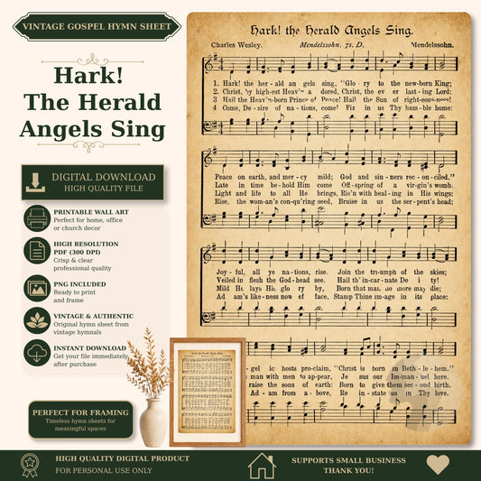 The image is a vintage sheet music for the song "The Herald Angels Sing" by Charles Wesley, with a printed sheet music image and a printed wall art version.