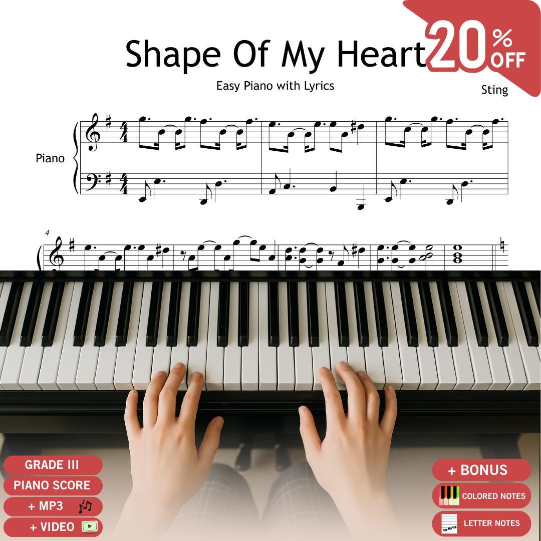 Shape of My Heart by Sting downloadable and simplified piano sheet music PDF shown in a Grade 4 layout with finger numbers, color-coded notes, note-name versions, and manuscript-based engraving, designed for expressive pop-ballad study with MP3 support.