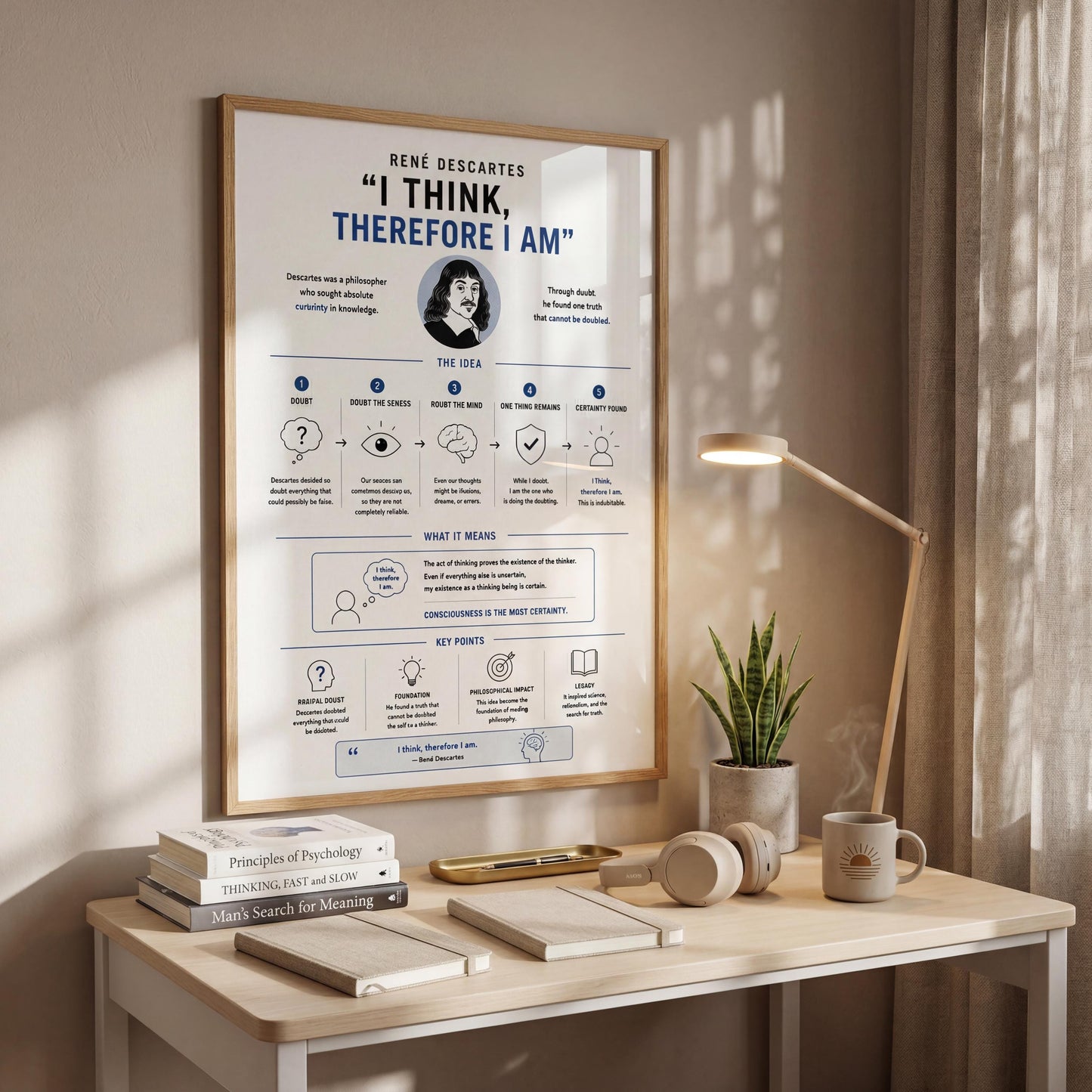 a poster with a thought-provoking quote by René Descartes, "I THINK therefore I AM", displayed on a wall above a wooden desk with various items such as a lamp, books, and a plant.