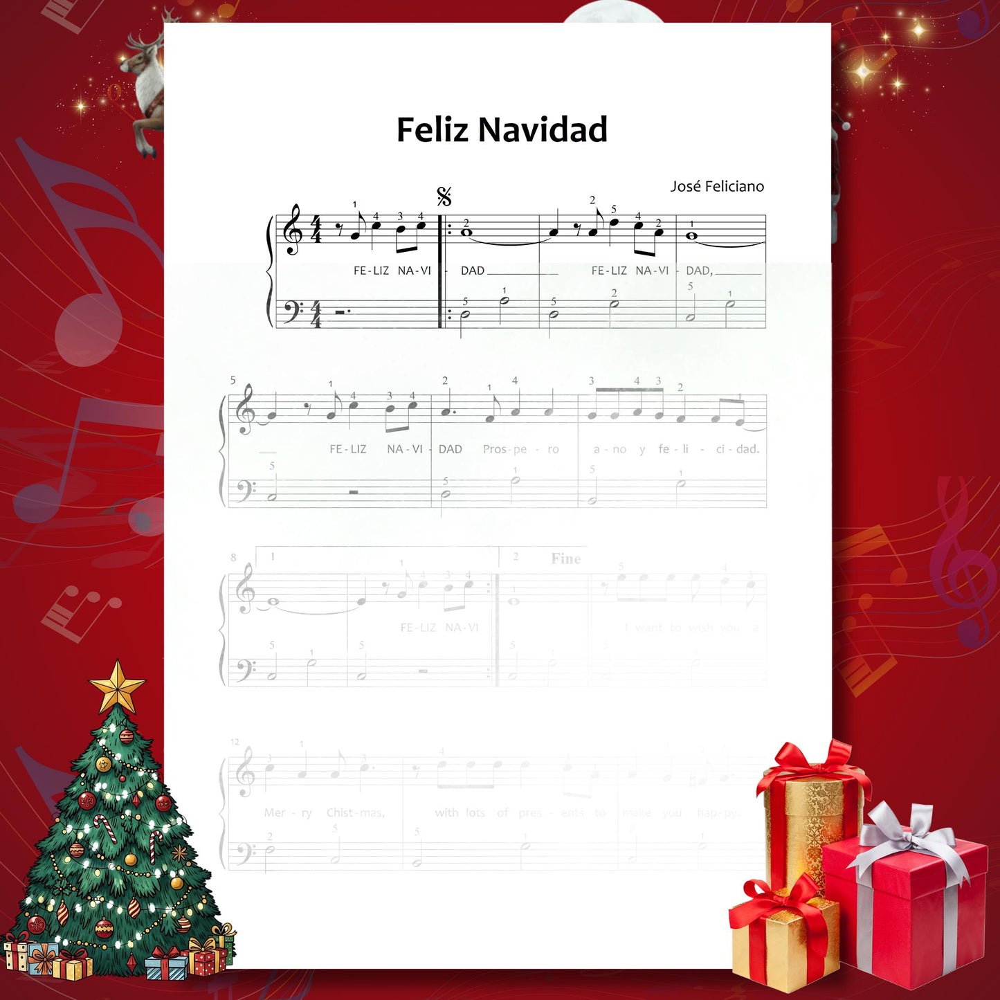 Feliz Navidad by José Feliciano beginner piano sheet music PDF offers a joyful Grade 1 carol with lyrics and structured phrasing, helping beginners refine finger control while enjoying a well-known Christmas song.