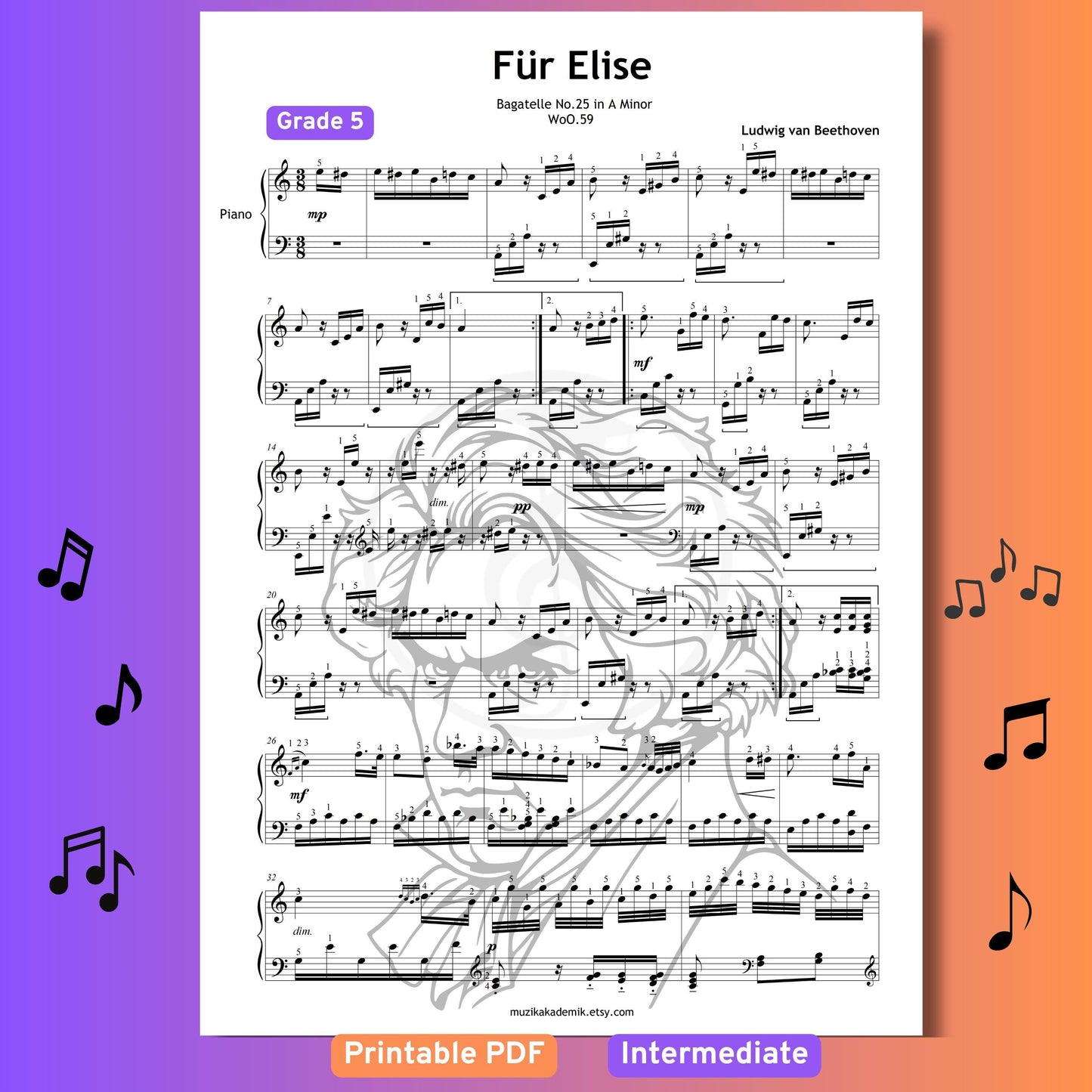 Fur Elise by Beethoven | Intermediate Piano PDF with Fingered Notes | Beethoven Score & Tutorial Video