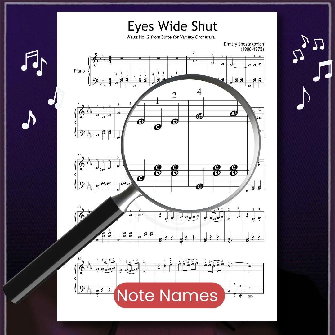 Waltz No. 2 by Dmitri Shostakovich downloadable and simplified piano sheet music PDF displayed with note-name annotations, finger numbers, and color-coded notes in a clean Grade 3–4 engraving derived from the handwritten manuscript, ideal for early-intermediate classical practice.