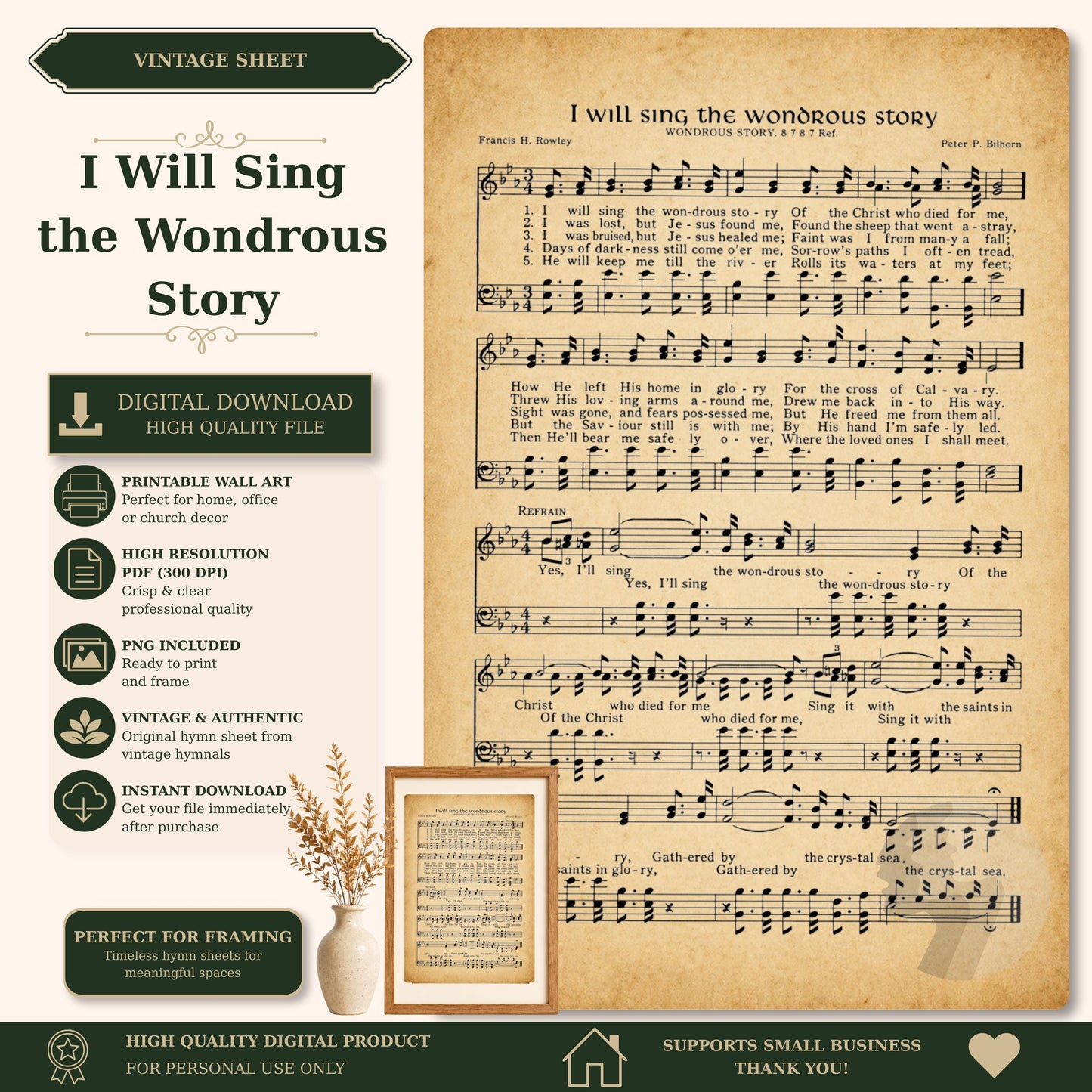 The image is a vintage sheet music for a hymn titled "I Will Sing the Wonderful Story" by Francis H. Berry. The sheet music is accompanied by a framed image of a plant, and the sheet music is available for digital download.