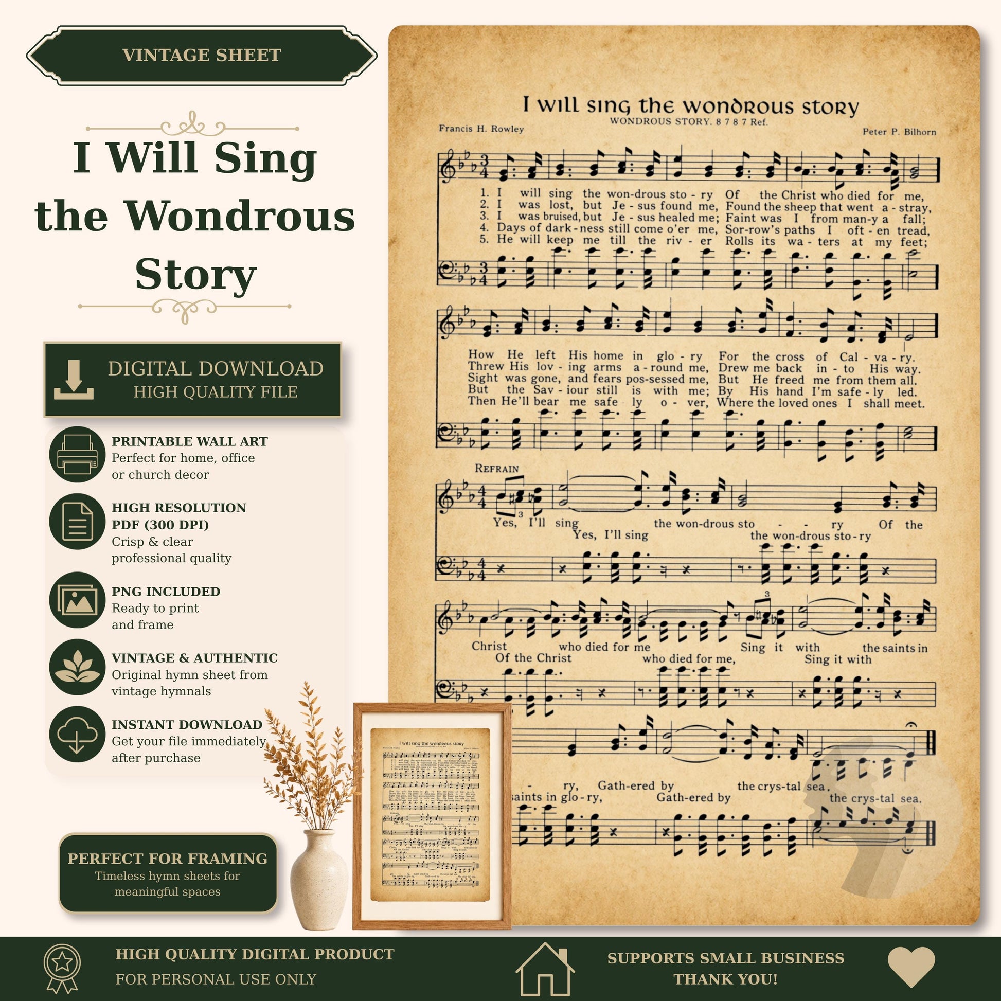 The image is a vintage sheet music for a hymn titled "I Will Sing the Wonderful Story" by Francis H. Berry. The sheet music is accompanied by a framed image of a plant, and the sheet music is available for digital download.