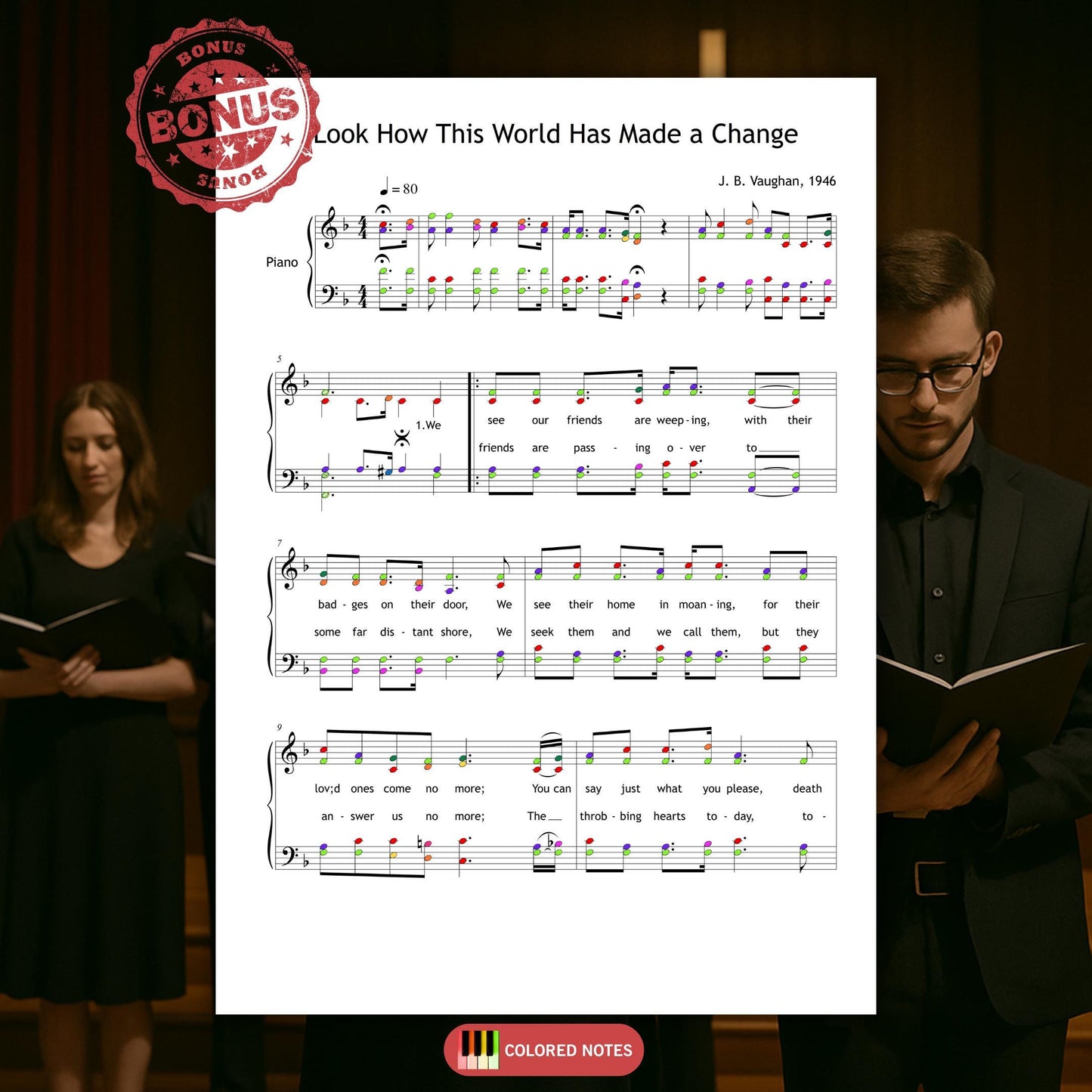 Look How This World Has Made a Change by J. B. Vaughan downloadable and simplified piano sheet music PDF featuring a pedagogical SATB score and piano reduction, including finger numbers, color-coded notes, and note-name alternatives, all engraved from manuscript sources with full gospel lyrics included.