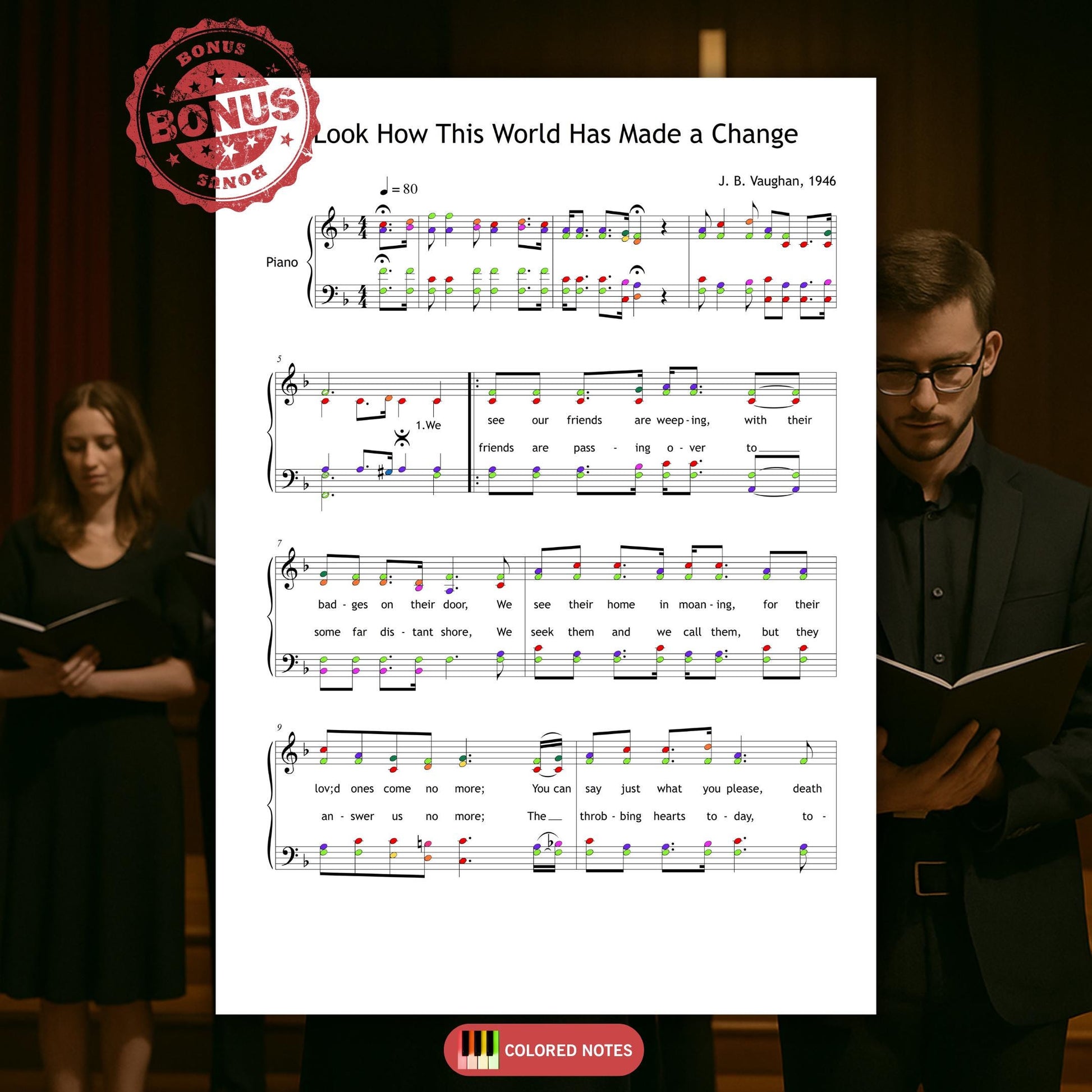 Look How This World Has Made a Change by J. B. Vaughan downloadable and simplified piano sheet music PDF featuring a pedagogical SATB score and piano reduction, including finger numbers, color-coded notes, and note-name alternatives, all engraved from manuscript sources with full gospel lyrics included.