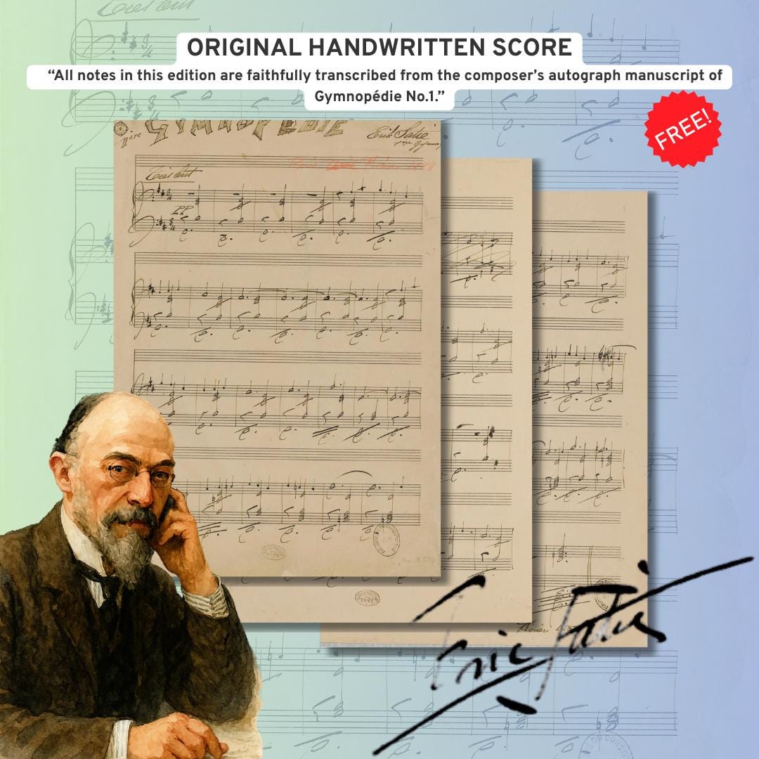 Gymnopédie No. 1 by Erik Satie, Intermediate Piano Sheet Music PDF (Grade 4–5) 4 Versions + MP3, Video, Violin, Flute, Clarinet, Saxophone, All notes in this edition are faithfully transcribed from the composer’s autograph manuscript of Gymnopédie No.1. piano sheet music, easy piano sheets, french piano music, simlple piano notes, easy piano