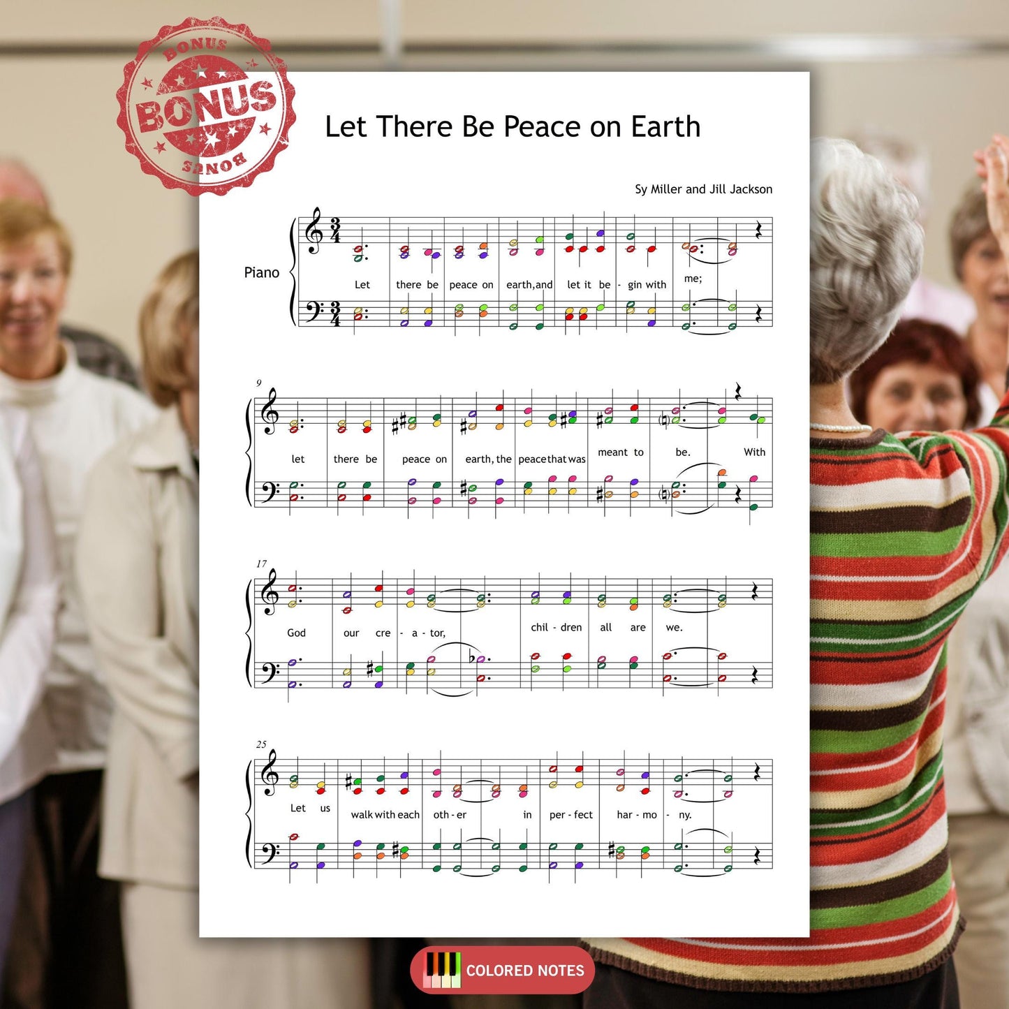 Printable SATB choir and piano score for Let There Be Peace on Earth in digital PDF format.
Includes a clear layout and visual tutorial—perfect for choir directors and ensemble rehearsals.