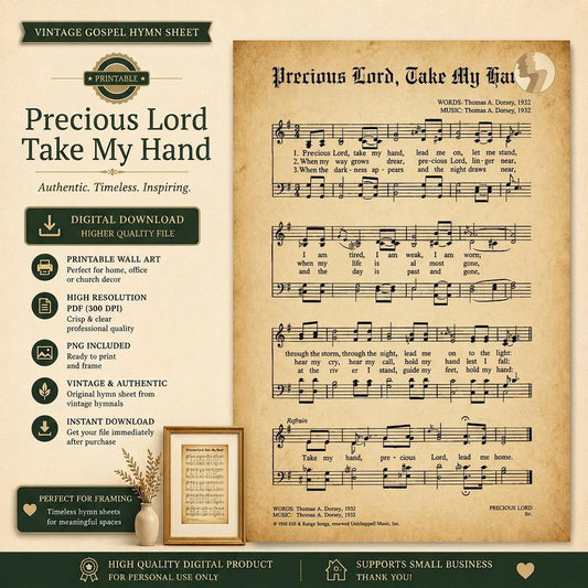 Precious Lord Take My Hand Vintage Hymn Printable | Antique Gospel Sheet Music Wall Art PDF PNG | Christian Decor Download