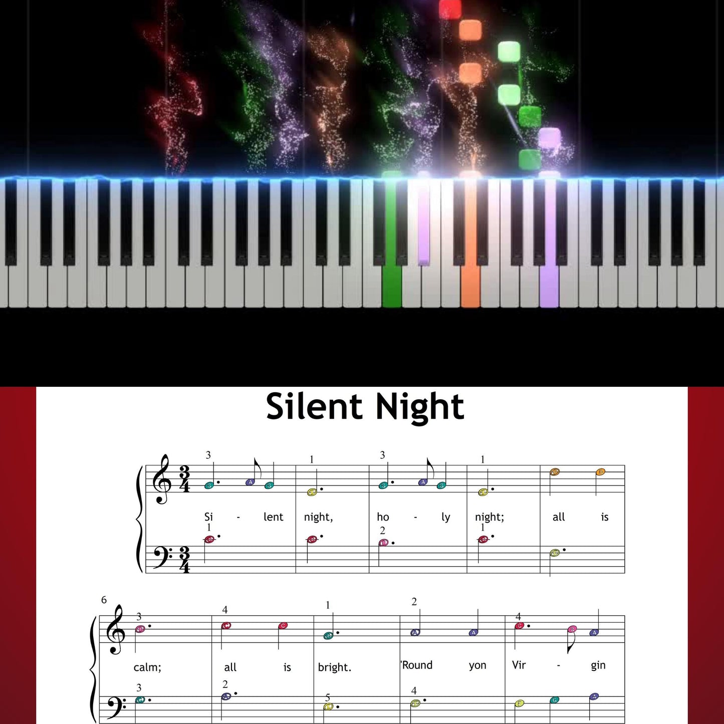 Silent Night by Franz Gruber downloadable and simplified Christmas beginner piano sheet music PDF with color-note support, note names, finger guidance, and printable lyric-based layout for gentle seasonal performances.