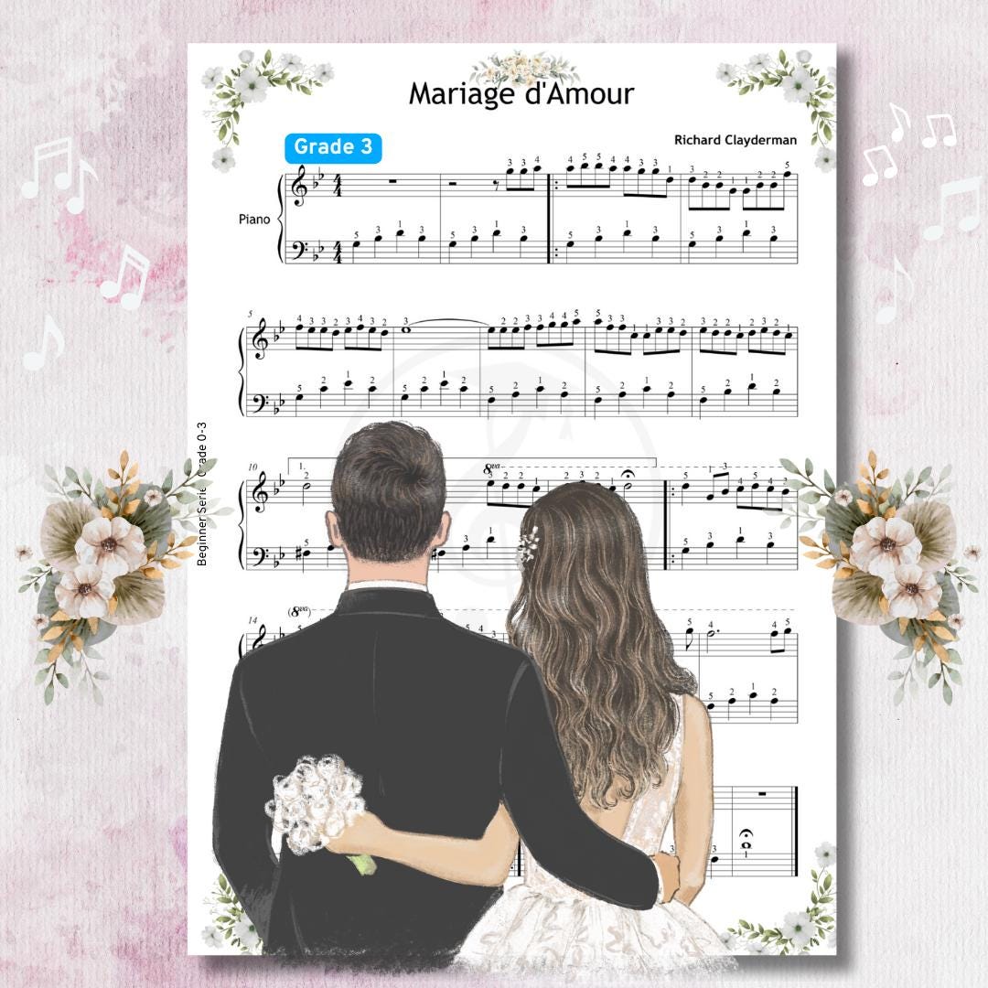 Marriage D'Amour easy piano sheet music PDF cover image showing Grade 3 arrangement by Richard Clayderman with icons for colored notes, note names, MP3 audio, demo video, instant digital download, and tablet compatibility.